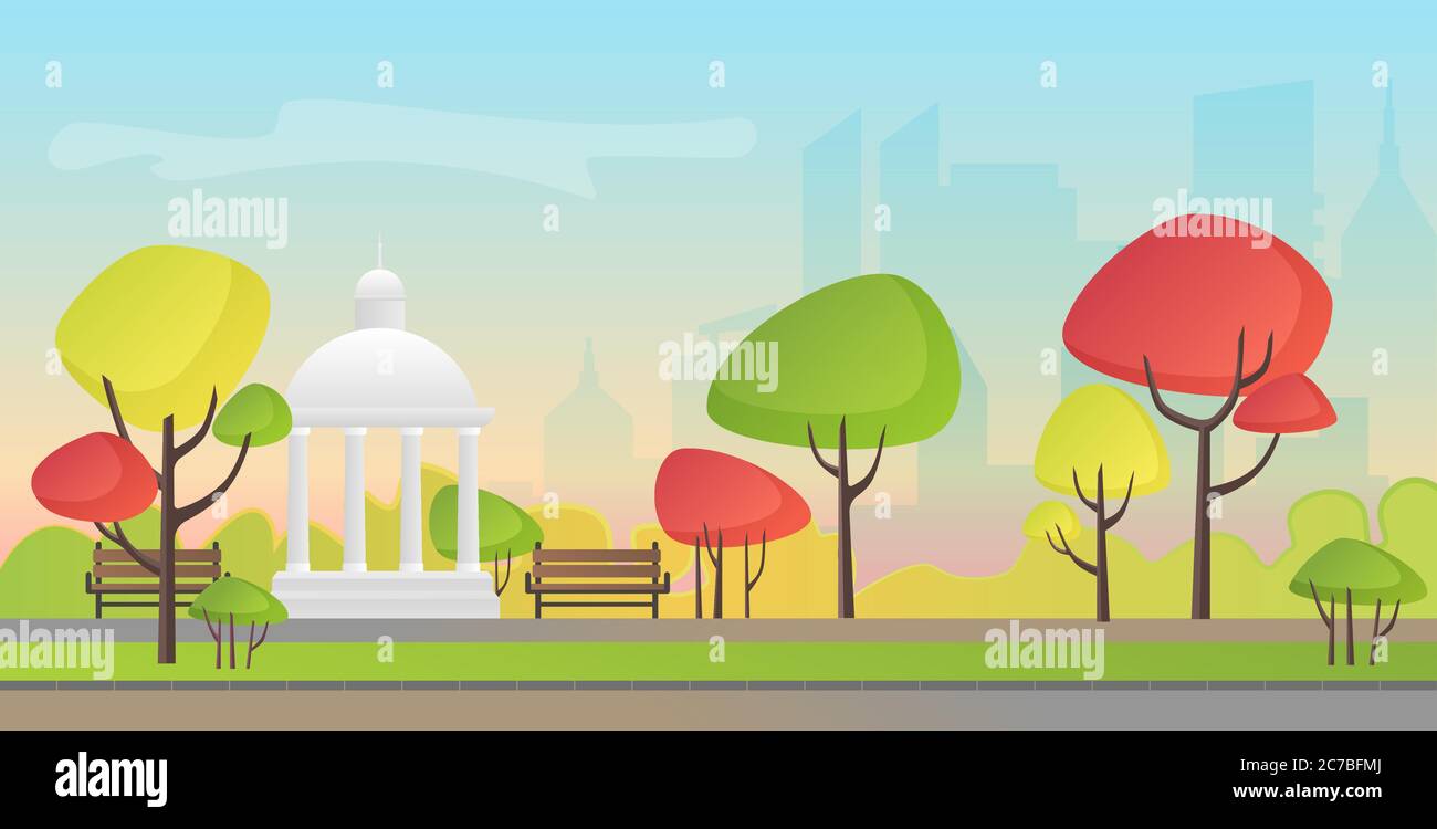 Vector illustration of a beautiful autumn city park with town building background. Evening in the park. Stock Vector