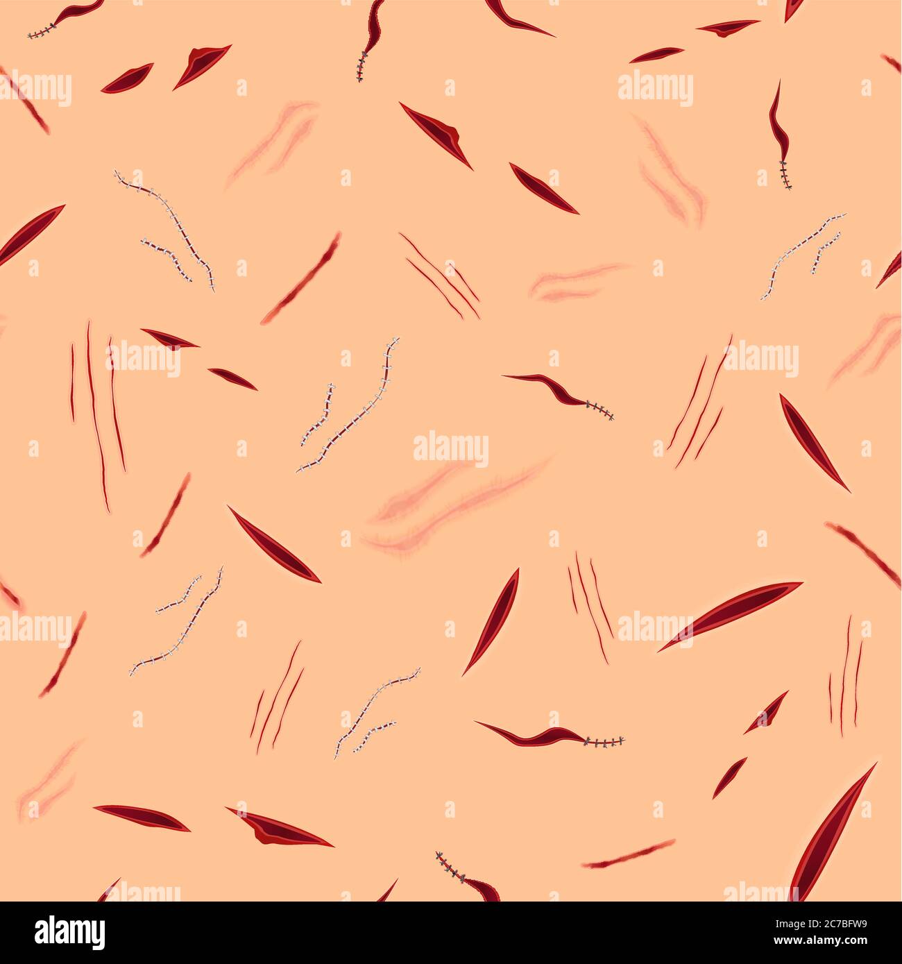 Seamless halloween pattern of surgical vector stitches, scars, bruise and slaughters on the skin Stock Vector