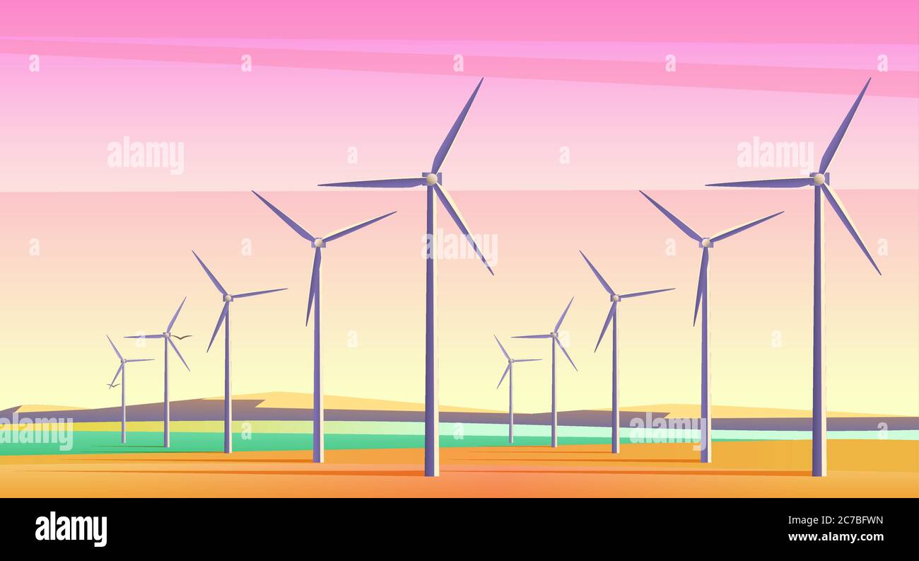 Vector illustration with rotation energy windmills for alternative energy resource in spacious field with pink sunset sky. Film camera noise effect. Stock Vector