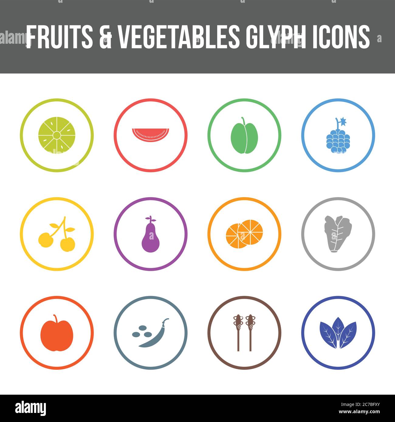 Unique fruits & vegetables vector glyph icon set Stock Vector