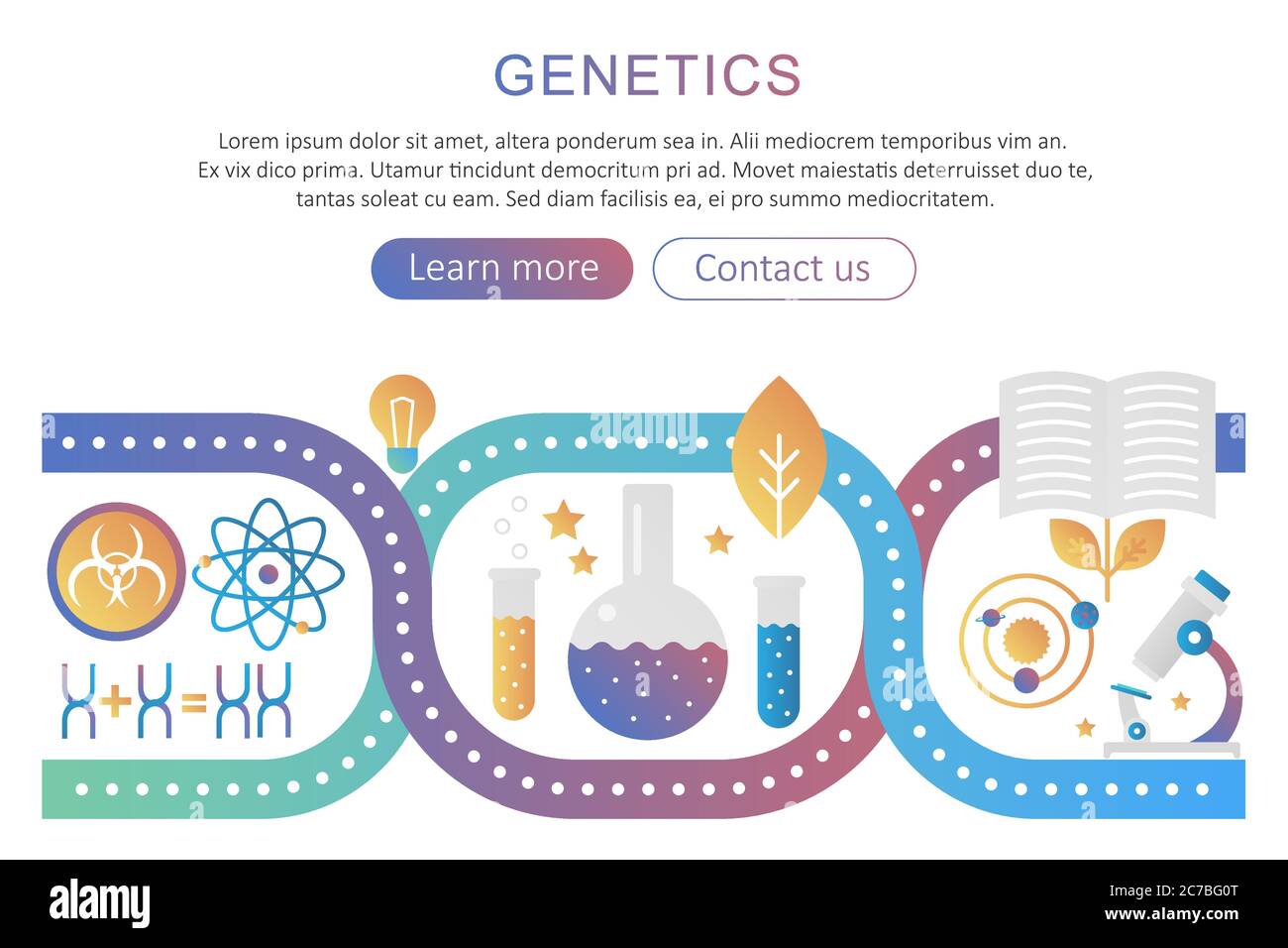 DNA genetics and bioengineering research vector concept illustration. Genetic analysis trendy flat gradient color. Biotechnology icons microscope, gene, genome, dna chain, test-tube set Stock Vector