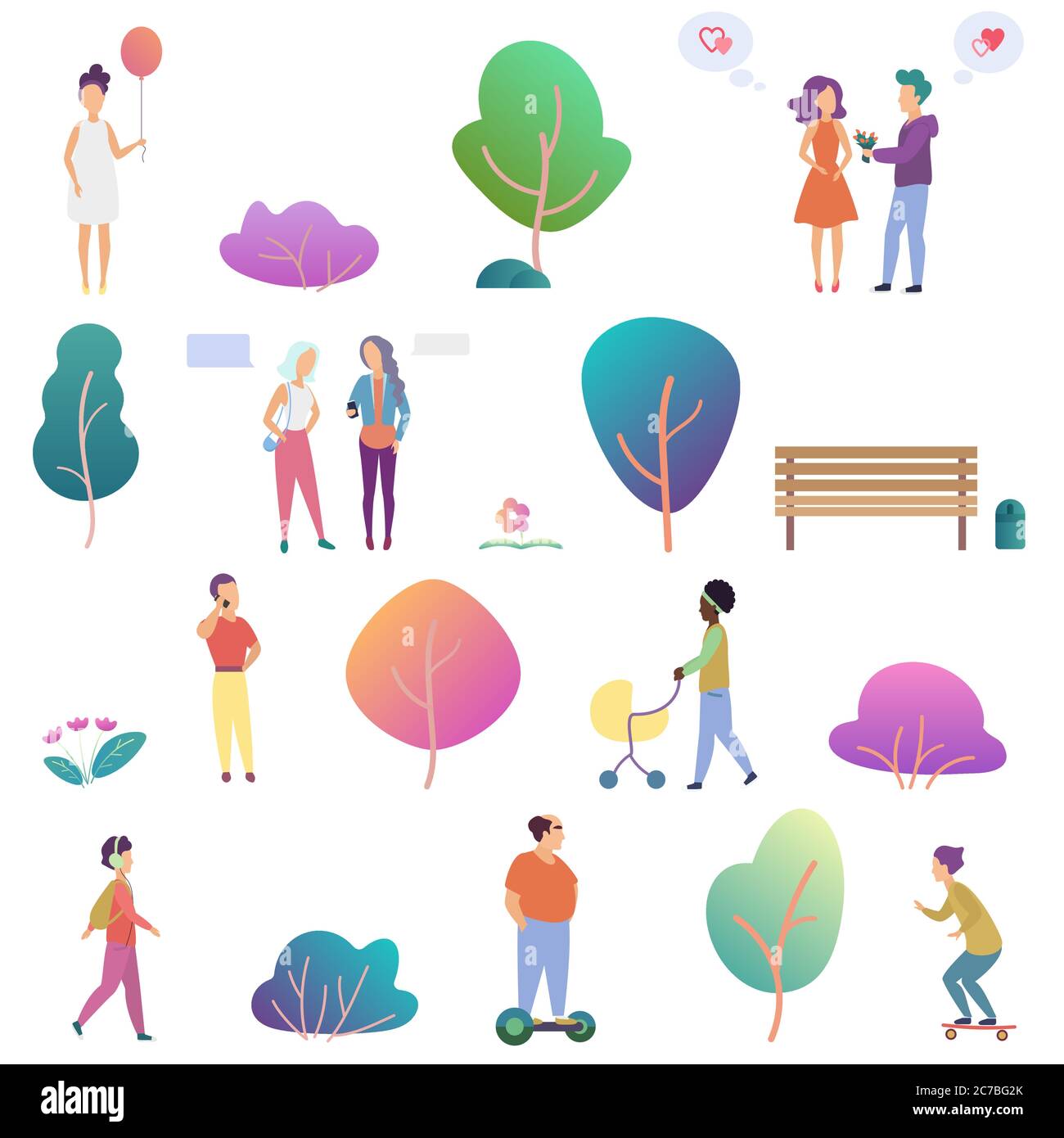 Summer people outdoor activity in the park icons set. Modern gradient flat design vector illustration Stock Vector