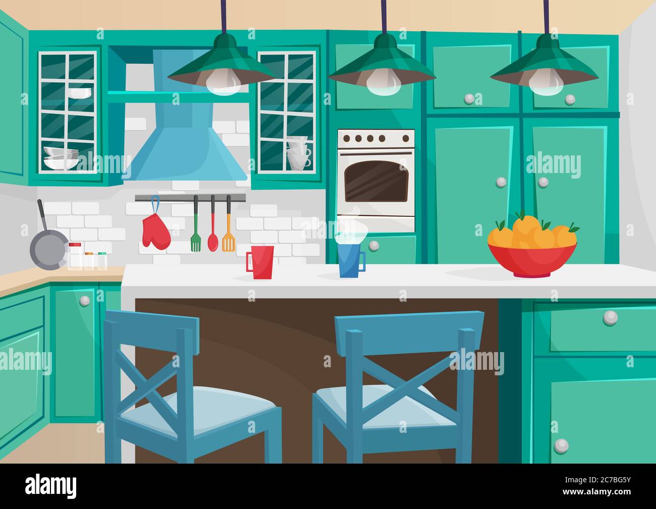 Vector cartoon volumetric illustration of cozy vintage retro kitchen interior Stock Vector