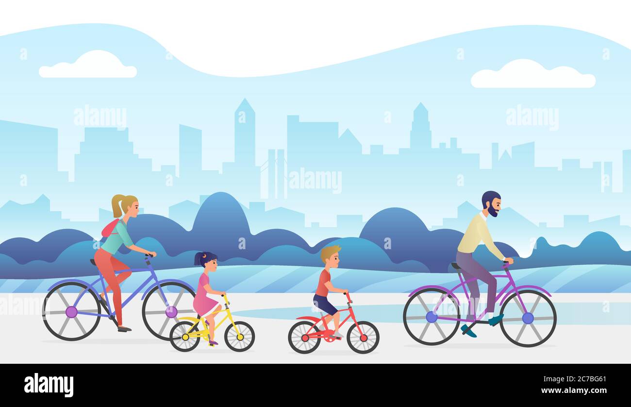 Active family outside vacation. Father, mother, daughter and son are riding bicycles in city park. Trendy gradient color vector illustration Stock Vector