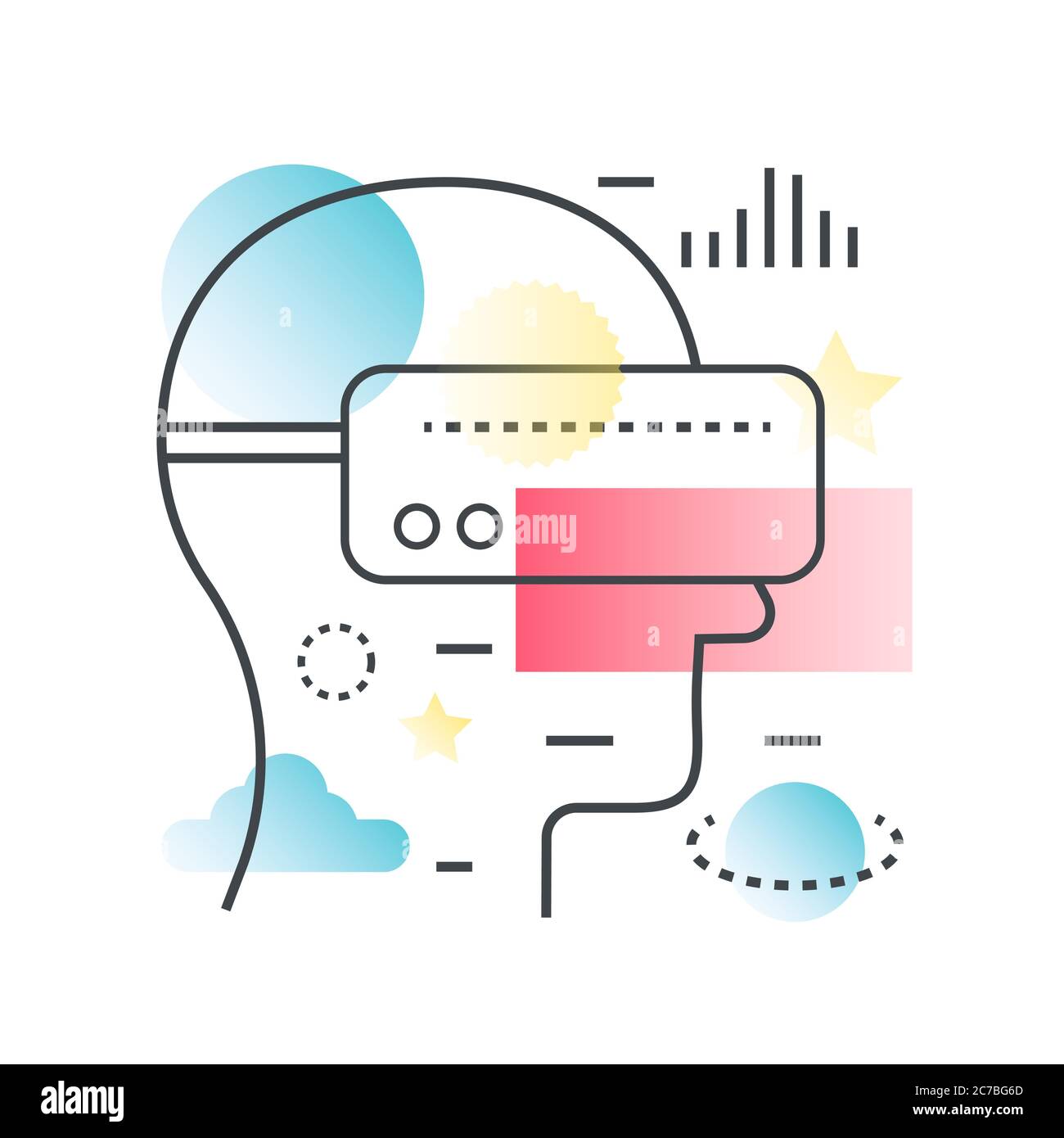 Virtual reality VR headset display with human head concept. Trendy gradient color line illustration Stock Vector