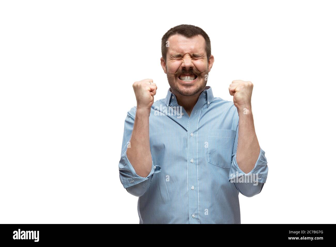 Crazy win. Young caucasian man with funny, unusual popular emotions and