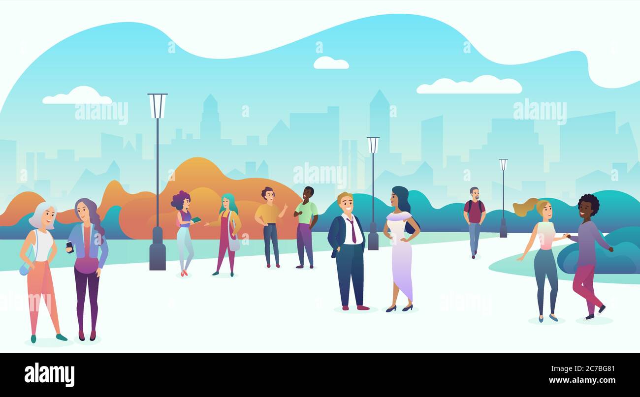 People gathering and communicating in the city urban park square landscape. Talking in nature together, community and modern lifestyle concept. Trendy gradient flat color vector illustration Stock Vector