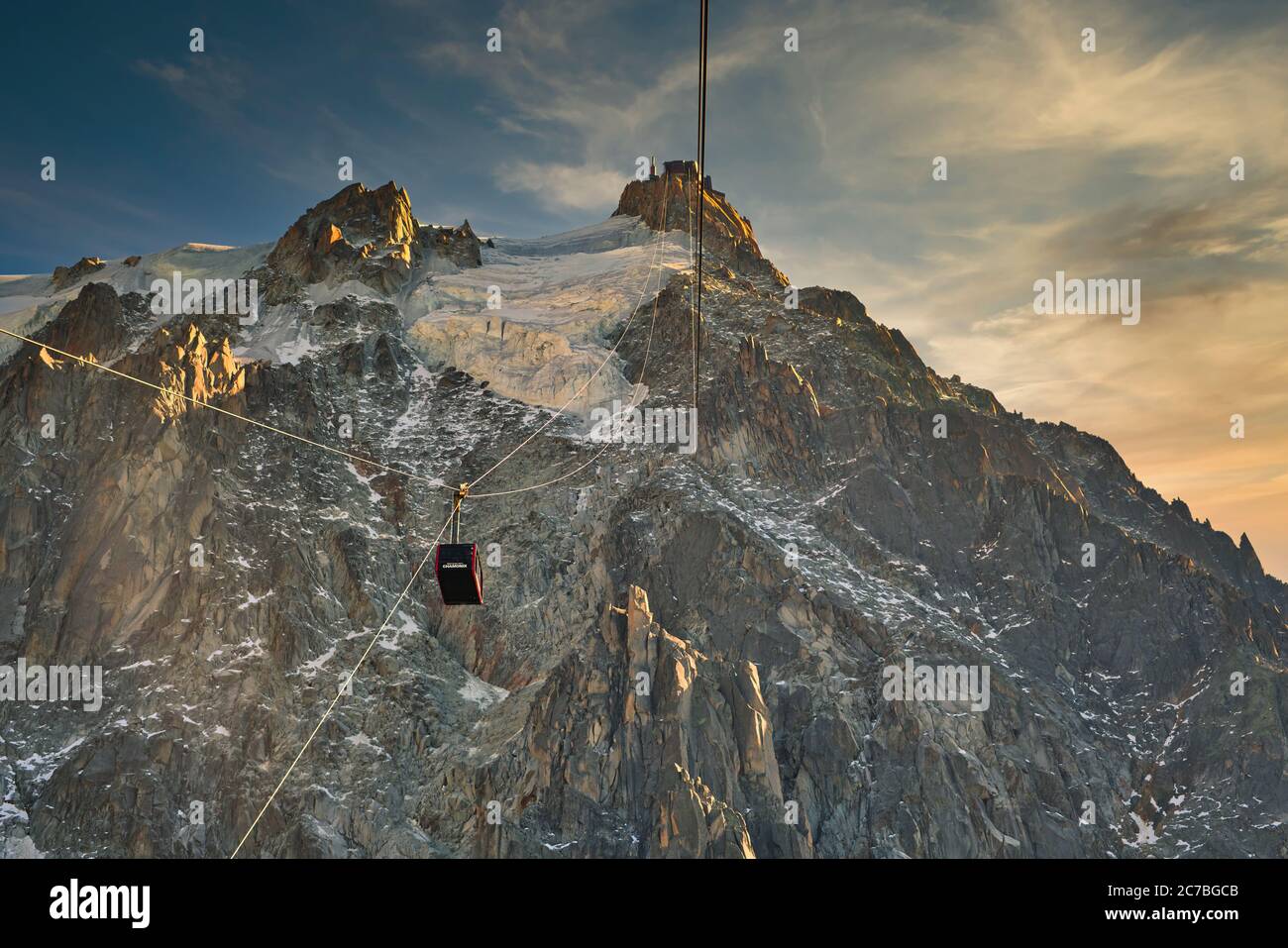 Aiguille du Midi, high mountain in the Mont Blanc Massif of the French Alps. Cable Car from Chamonix to the summit of Aiguille du Midi. Stock Photo