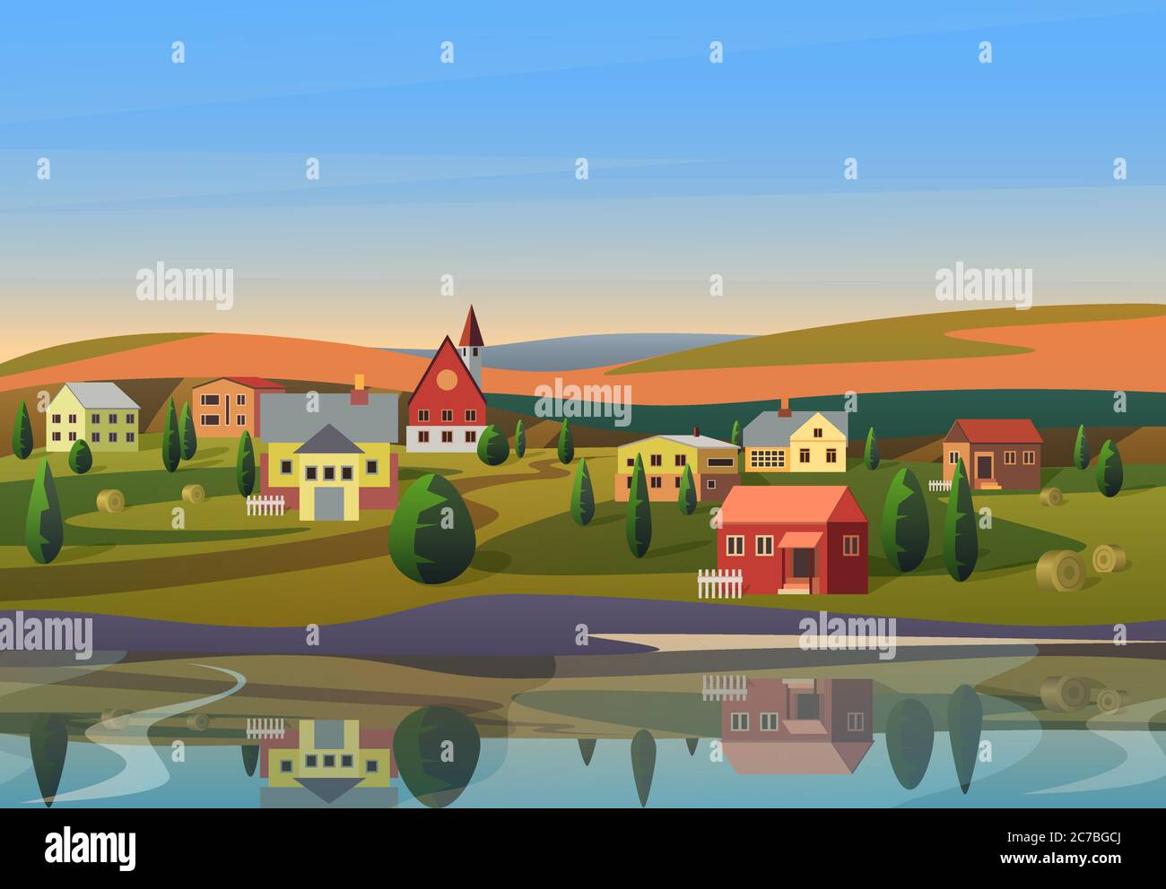 Vector of small town with houses on shore of river with hills under blue sky on background Stock Vector