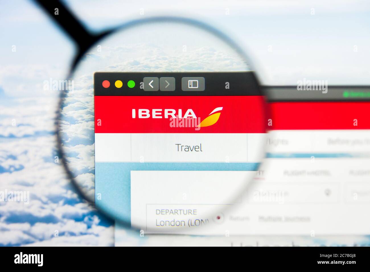 Los Angeles, California, USA - 21 March 2019: Illustrative Editorial of Iberia website homepage. Iberia logo visible on display screen. Stock Photo