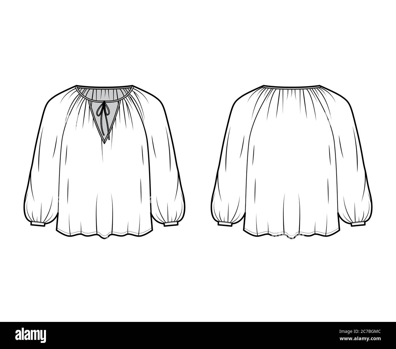 Tie softly gathered neckline blouse technical fashion illustration with loose shape, long sleeves, drapes fluidly. Flat shirt apparel template front, back, white color. Women, men unisex top CAD  Stock Vector