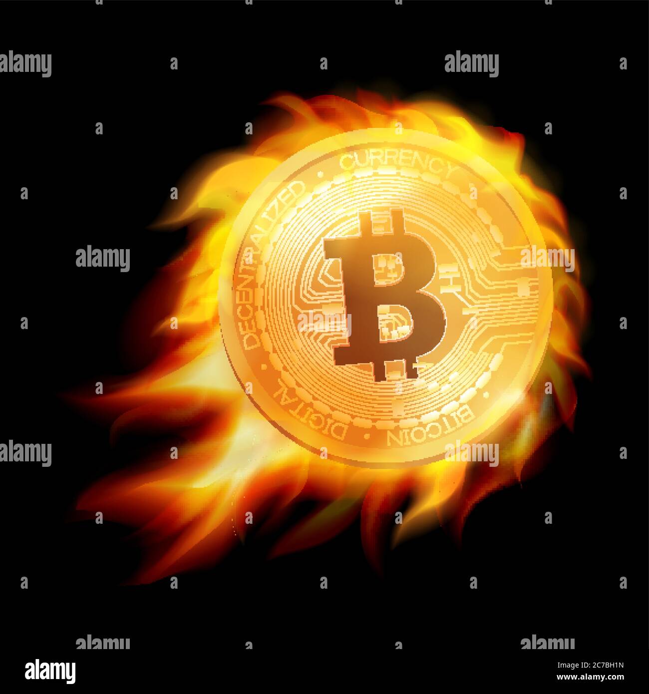 Flaming bitcoin gold coin symbol. Burning bitcoin emblem. Vector illustration Stock Vector