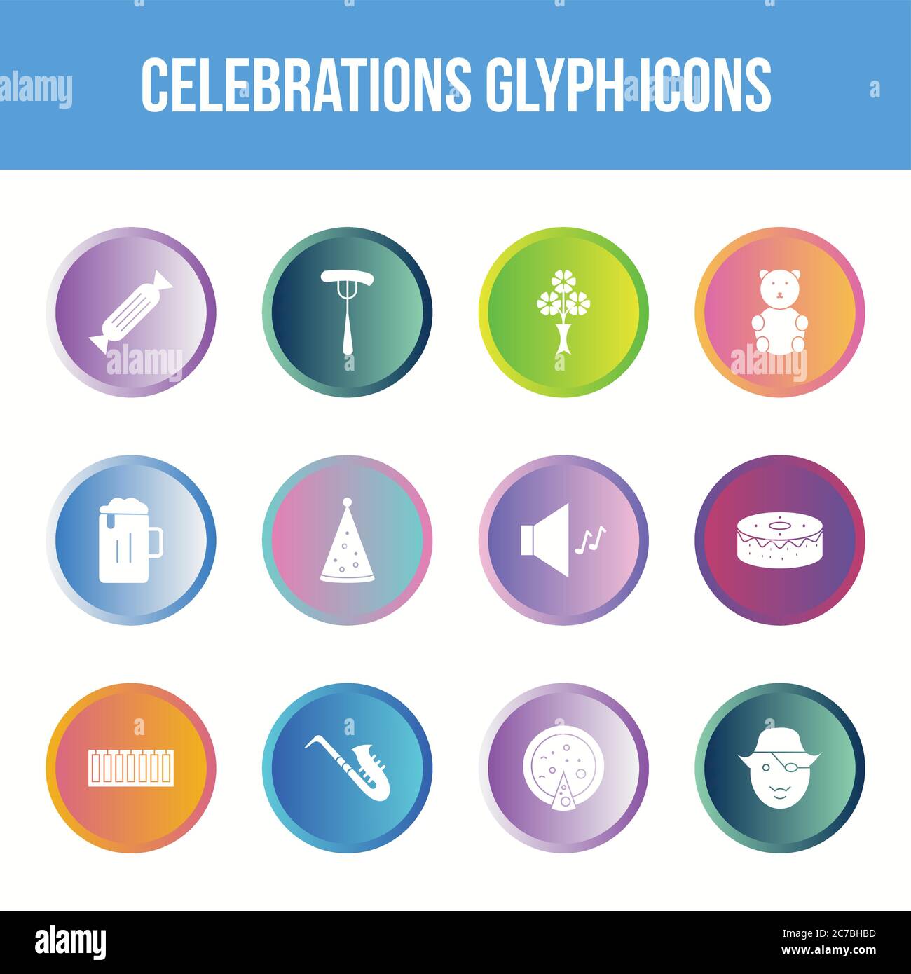 Unique celebration vector glyph icon set Stock Vector