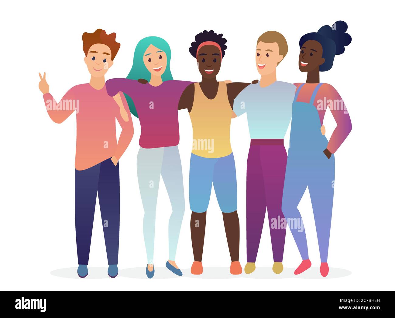 Group of young five happy posing, hugging and talking friends. People together. Friendship. Trendy gradient color vector illustration Stock Vector