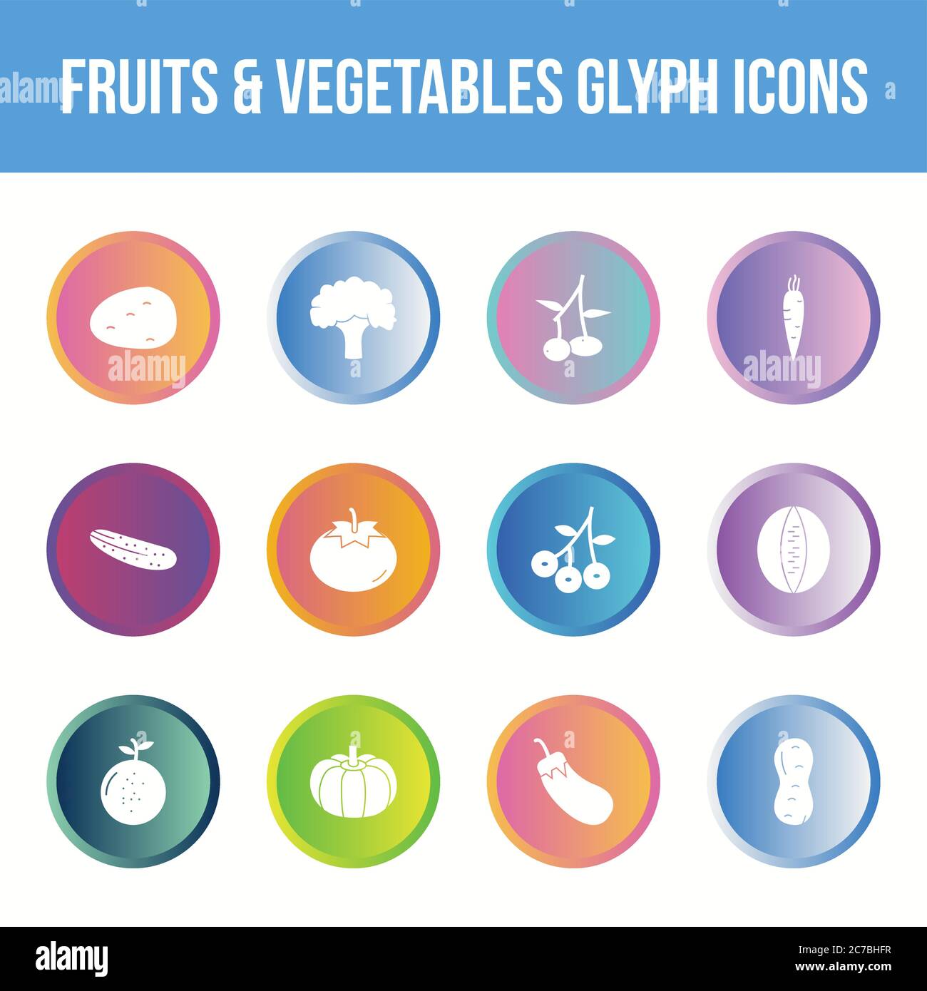Unique fruits & vegetables vector glyph icon set Stock Vector
