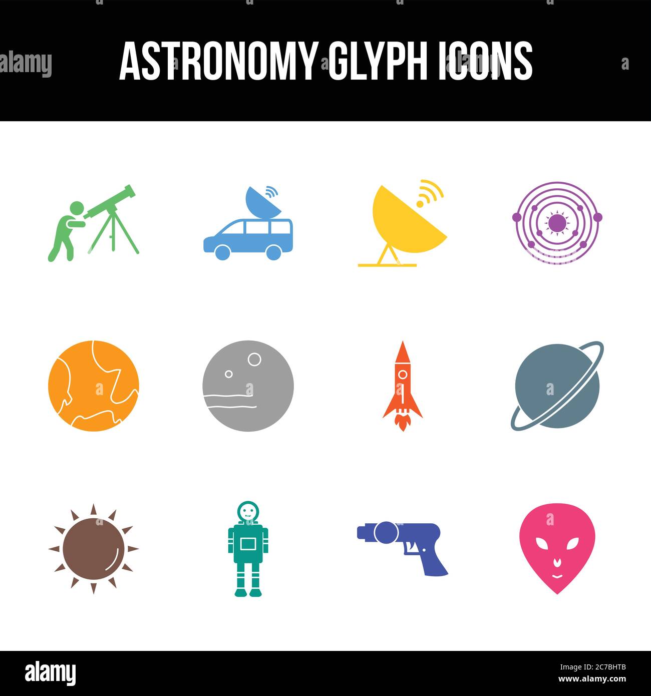 Unique astronomy vector glyph icon set Stock Vector