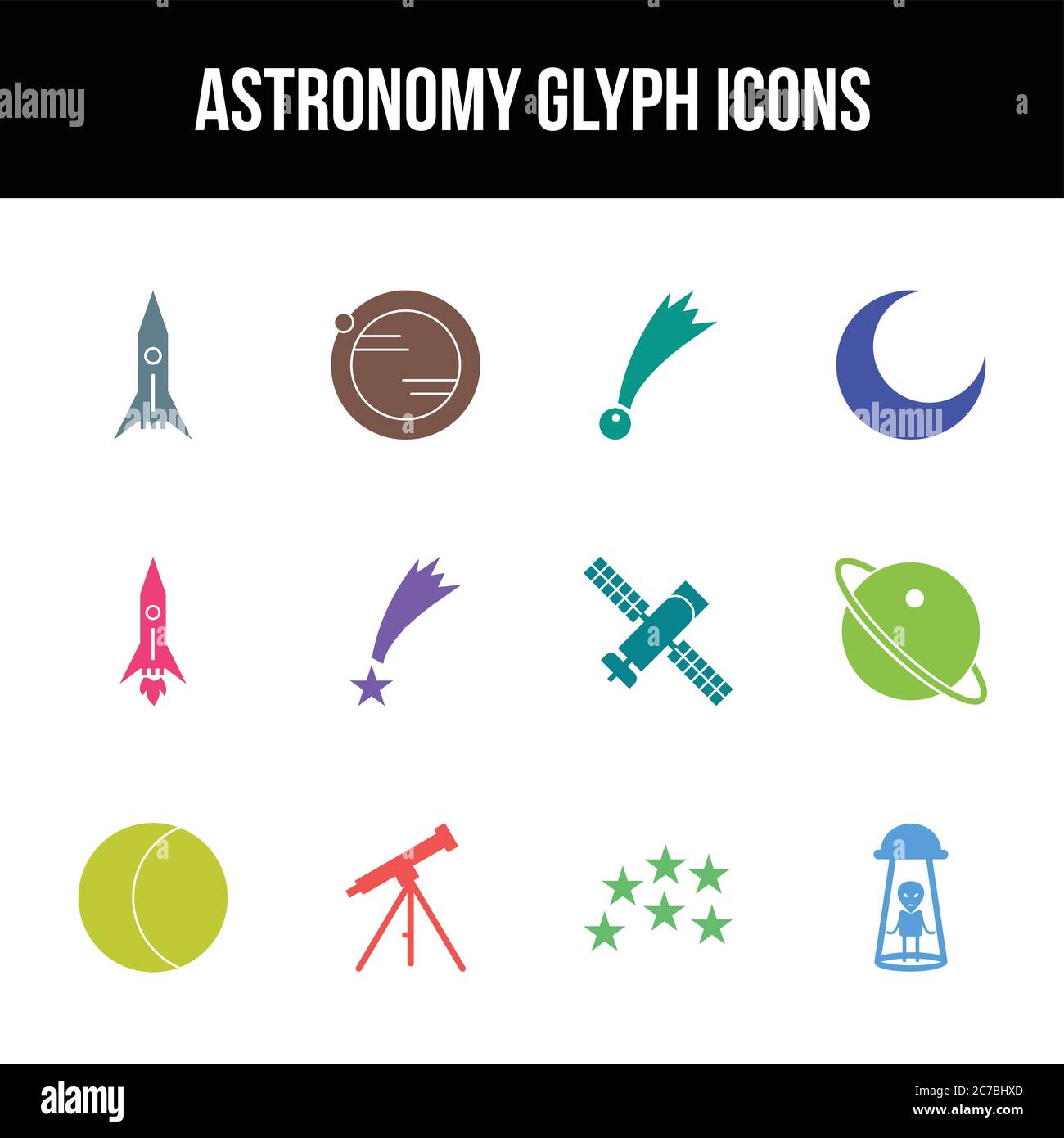 Unique astronomy vector glyph icon set Stock Vector