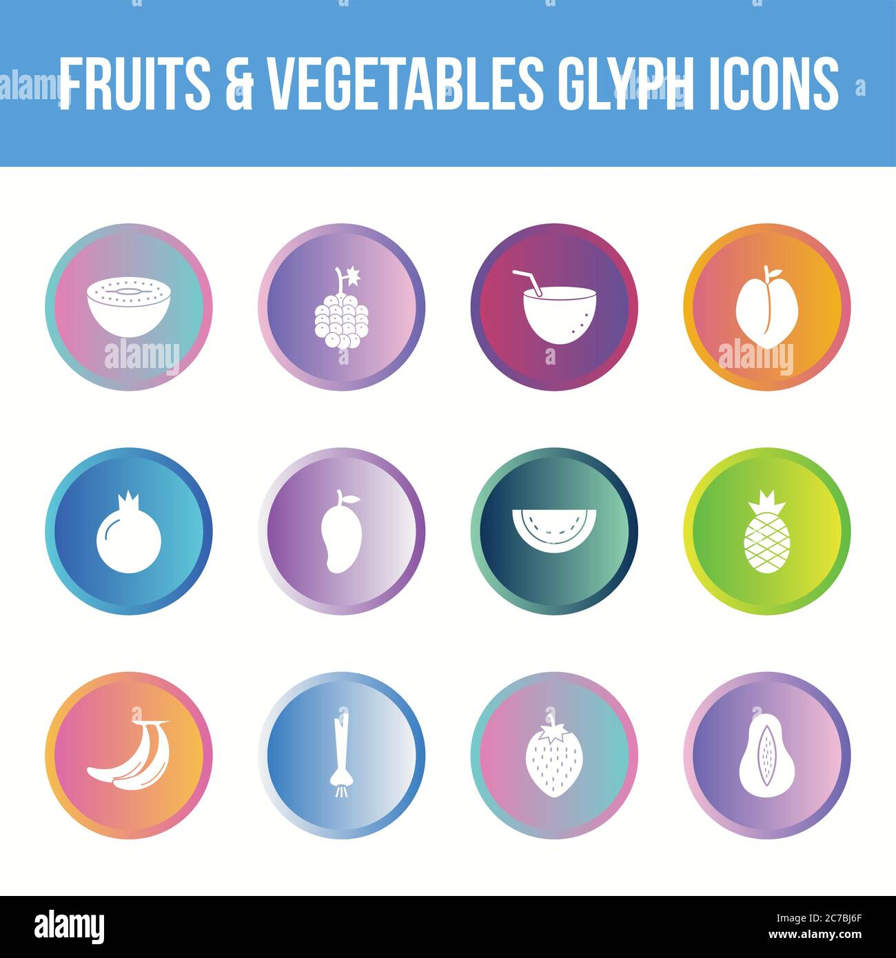 Unique fruits & vegetables vector glyph icon set Stock Vector