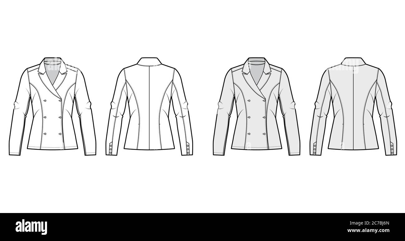 Download Blazer Technical Fashion Illustration With Notched Lapel Fitted Silhouette Double Breasted Opening Long Sleeves Flat Apparel Jacket Template Front Back White Grey Color Women Men Unisex Mockup Stock Vector Image Art