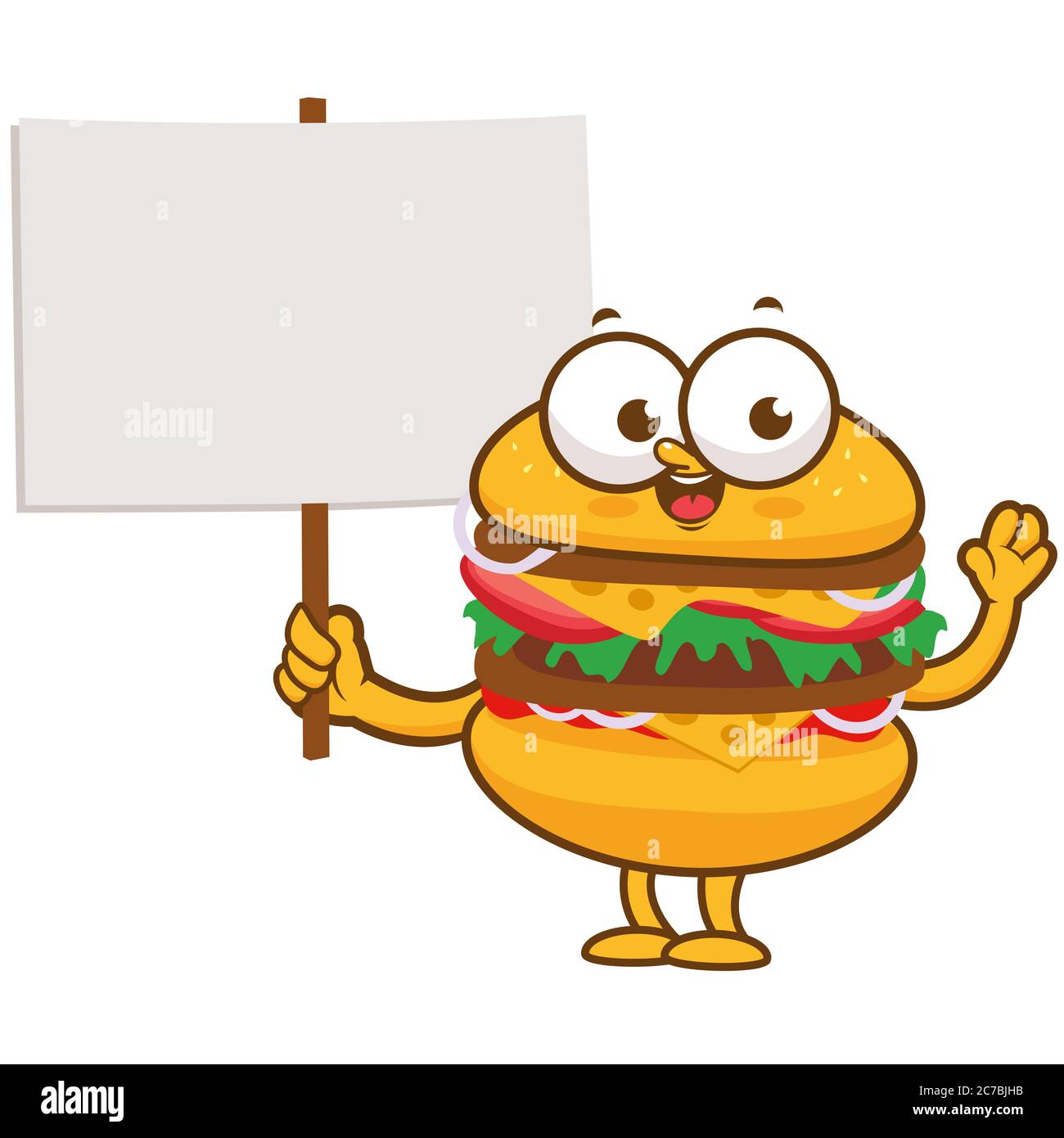Cartoon hamburger character holding a blank sign. Stock Photo