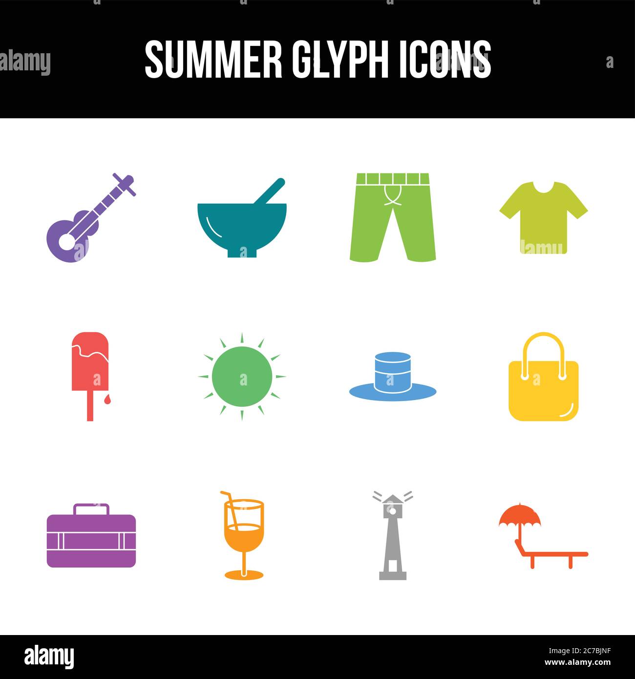 Unique summer vector glyph icon set Stock Vector
