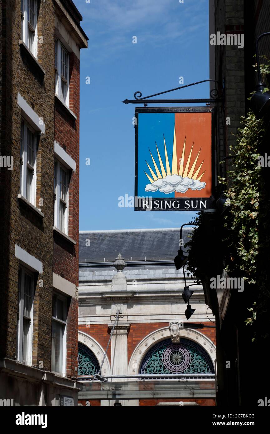 Pub sign for the Rising Sun on Rising Sun Court, Smithfields, City of