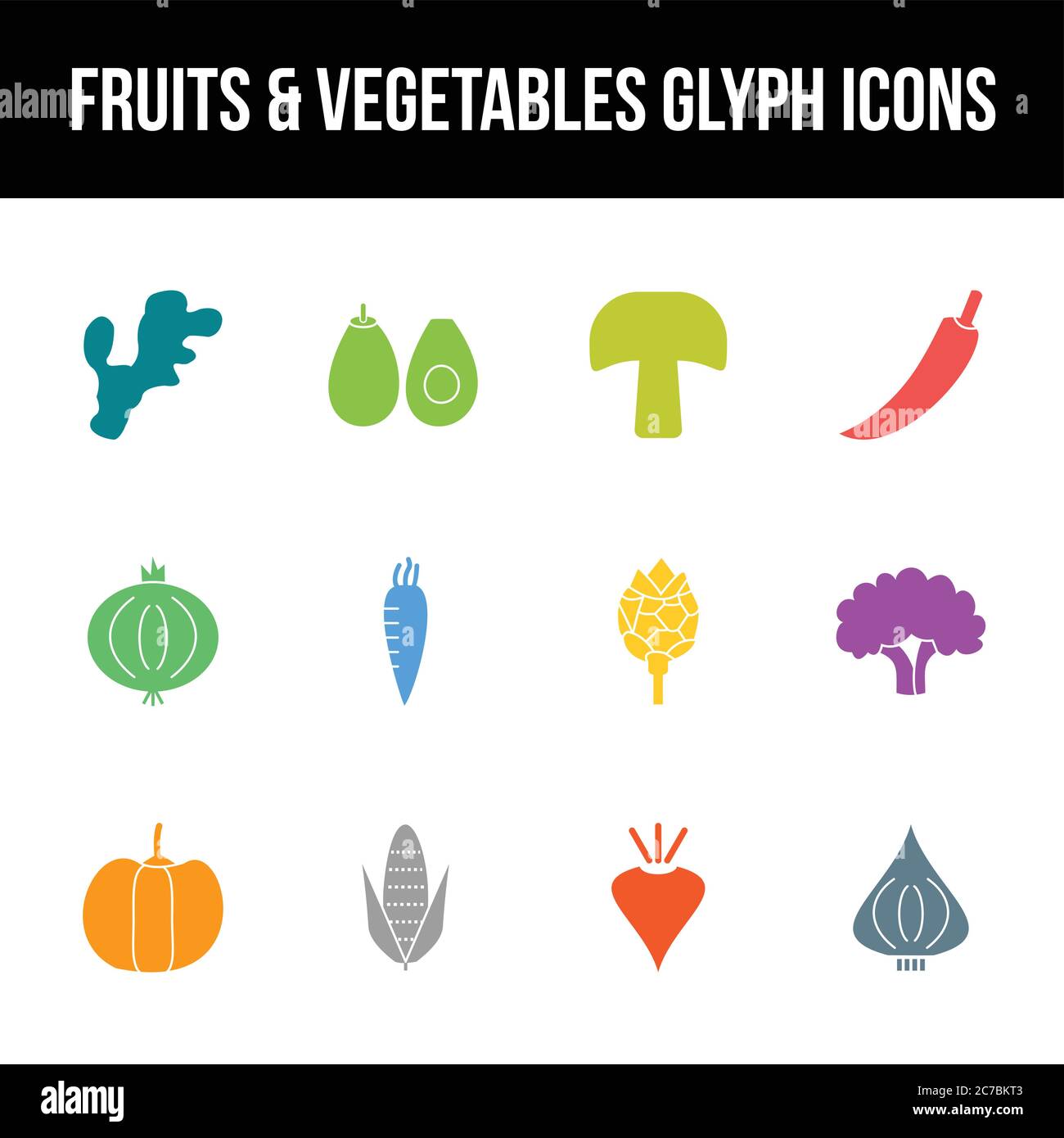 Unique fruits & vegetables vector glyph icon set Stock Vector