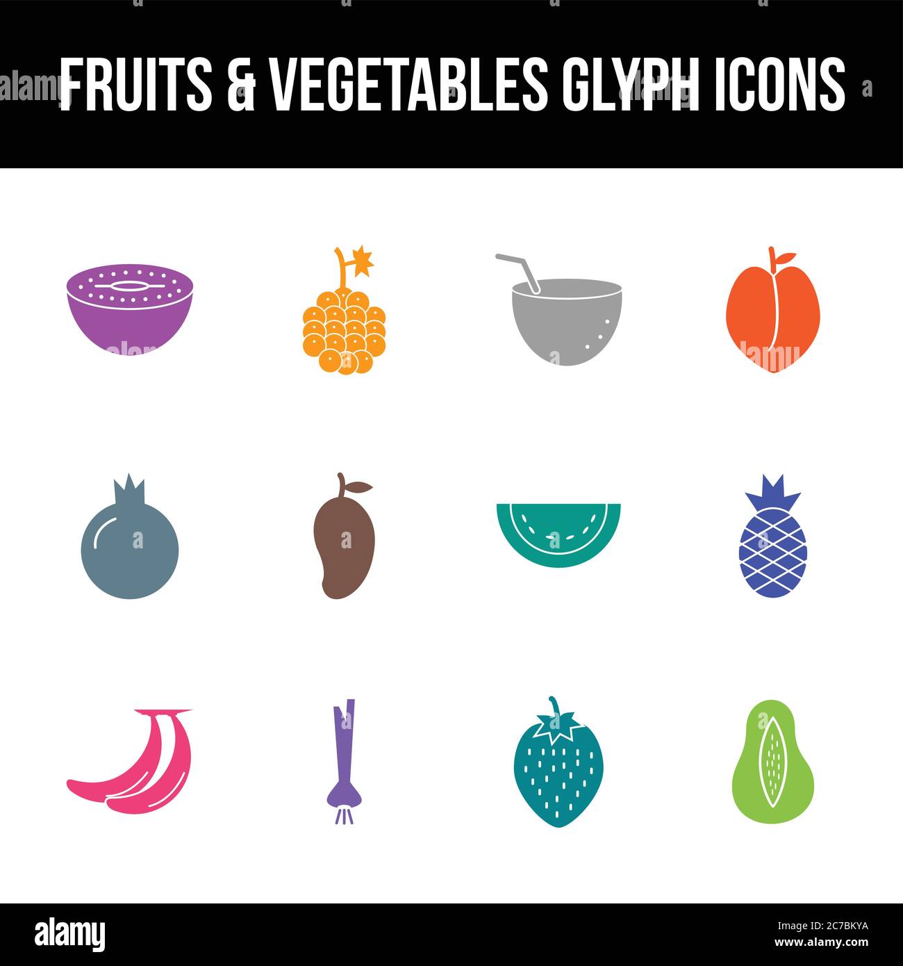 Unique fruits & vegetables vector glyph icon set Stock Vector
