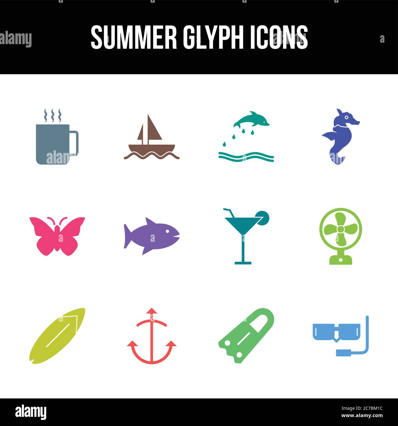 Unique summer vector glyph icon set Stock Vector