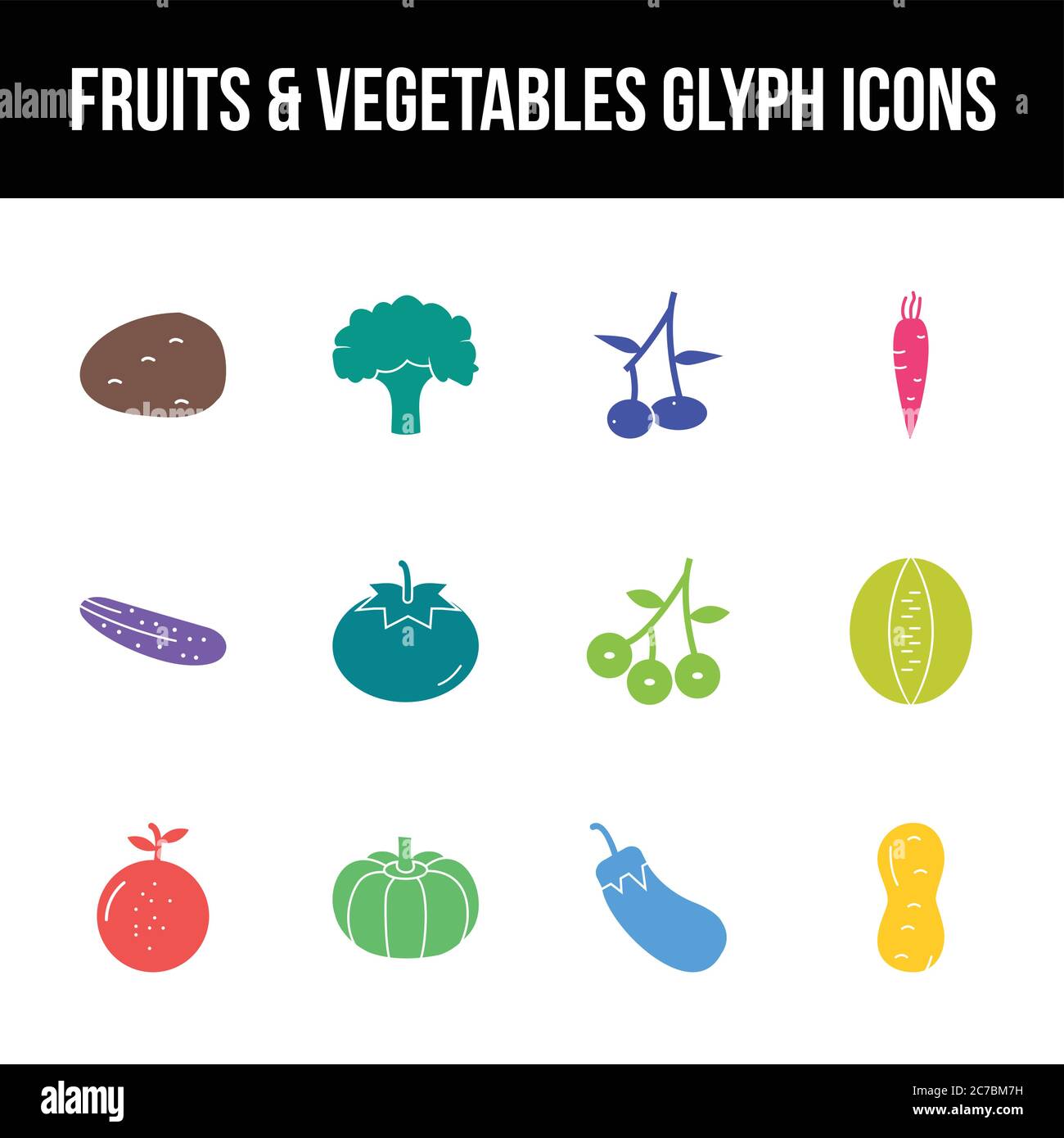 Unique fruits & vegetables vector glyph icon set Stock Vector
