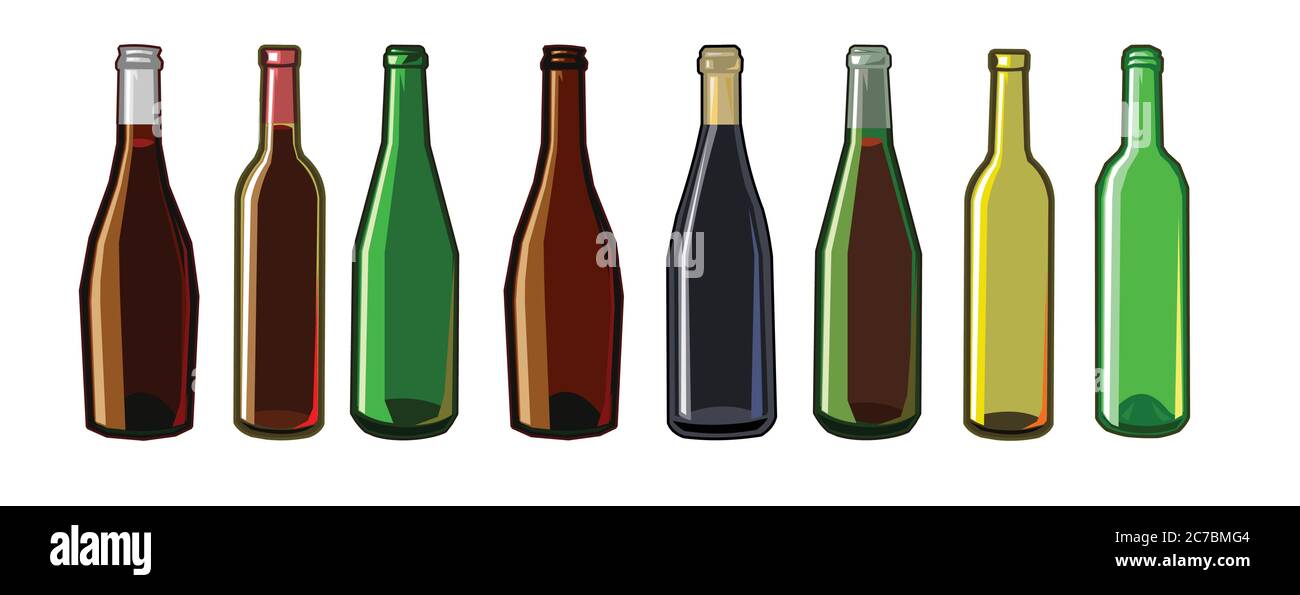 The bottles. Vector. Wine bottles of different colors in cartoons flat style. Isolated objects on a white background. Seth: Black, brown and green Stock Vector