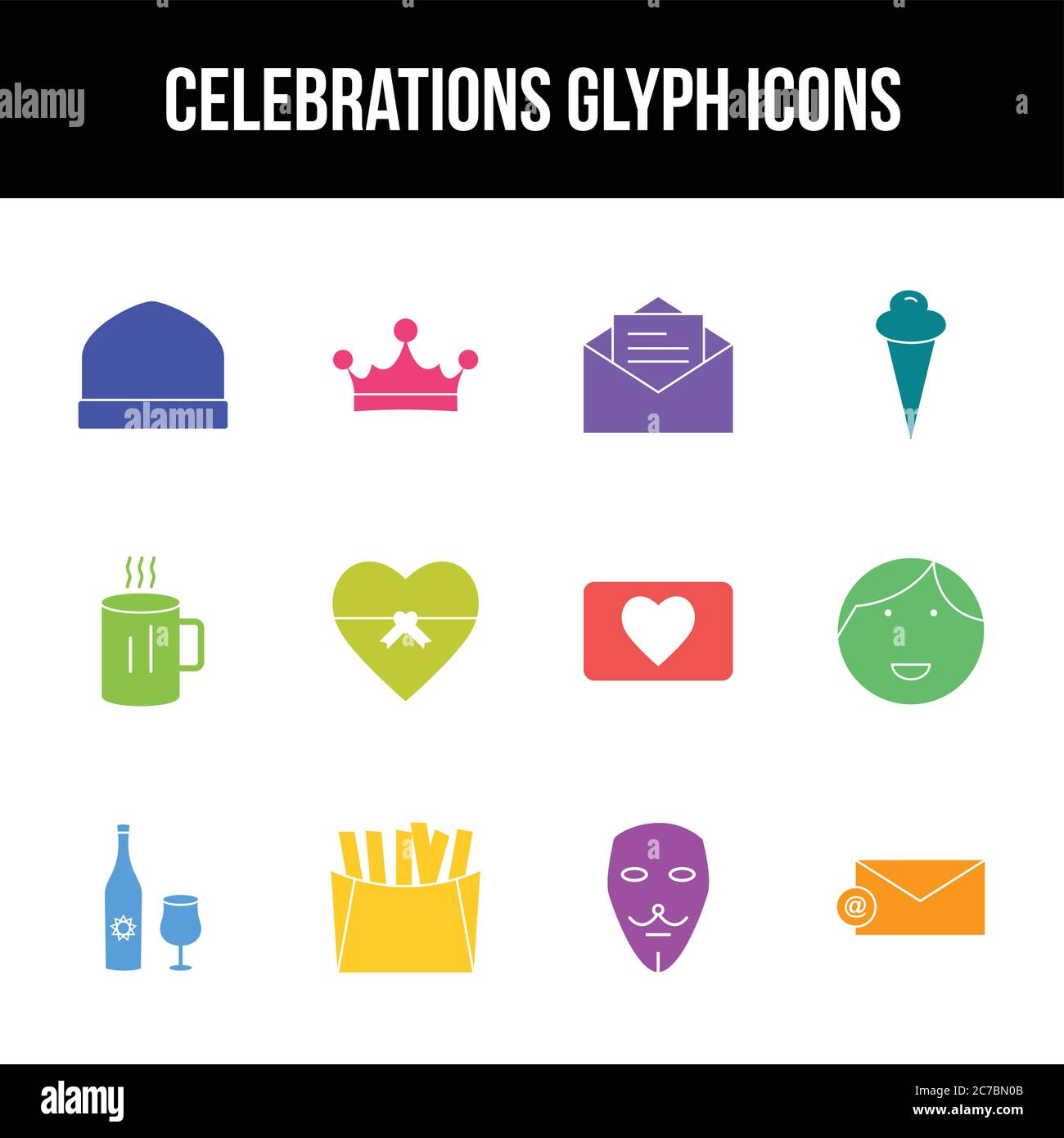 Unique celebration vector glyph icon set Stock Vector