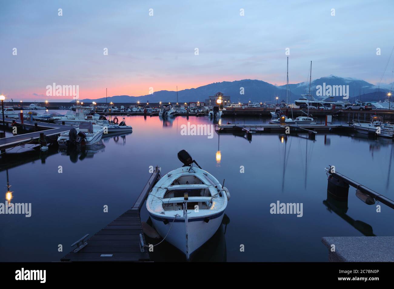 Fantastic sunset view of Boats in Beautiful Marina of Villasimius.  Location: villasimius, Province of Cagliari, Sardinia, Italy, Europe Stock Photo