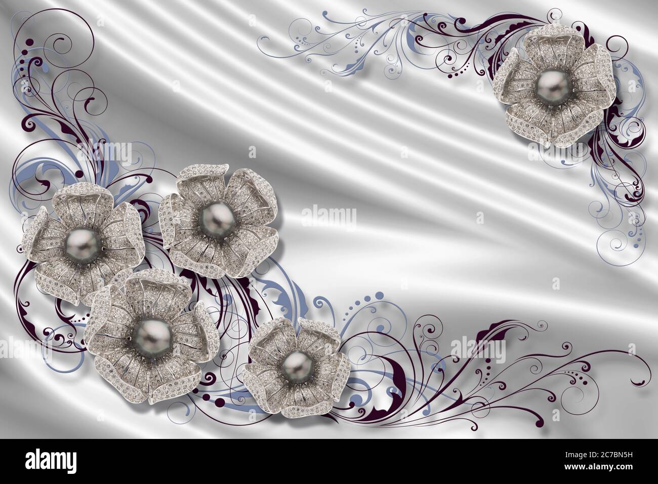 3D wallpaper, silver Jewelry flowers on grey silk. 3d Celebration Party
