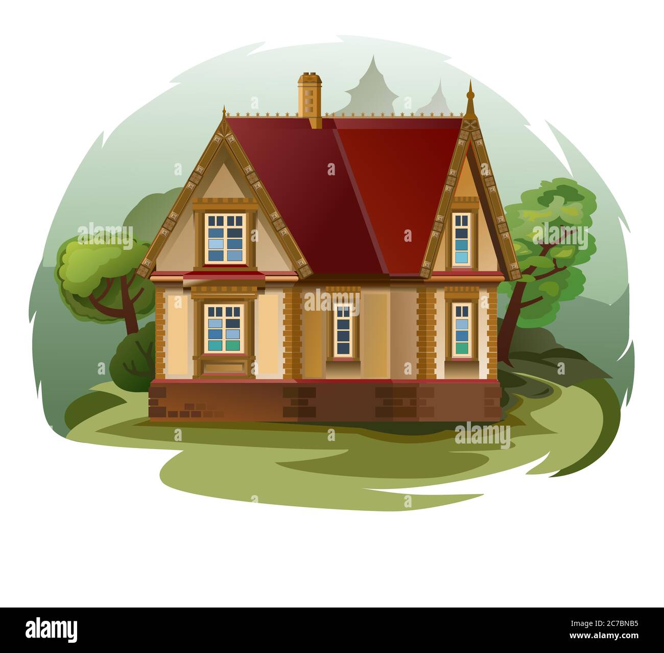 Exterior of an old house. Isolated vector illustration. Cracked walls, doors, windows. Still a cozy home. Little simple rustic lodge. Cartoon rural Stock Vector