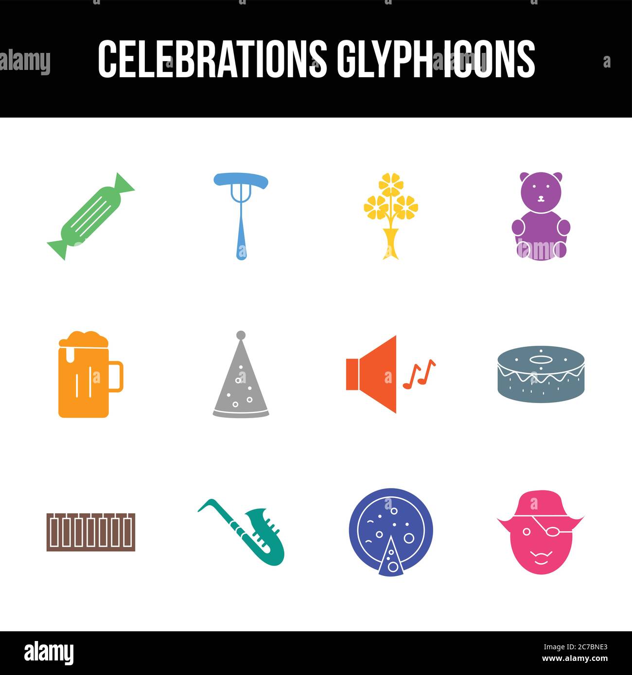 Unique celebration vector glyph icon set Stock Vector