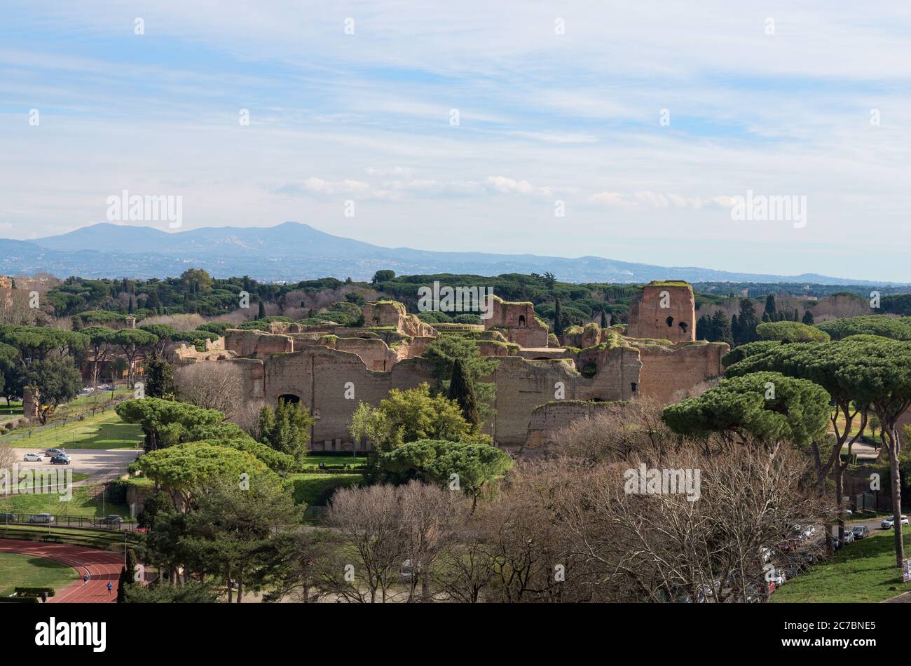 Ruins of ancient Roman Baths of Caracalla, a thermal complex next to Circo Massimo in Rome, Italy, seen from the FAO building terrace Stock Photo
