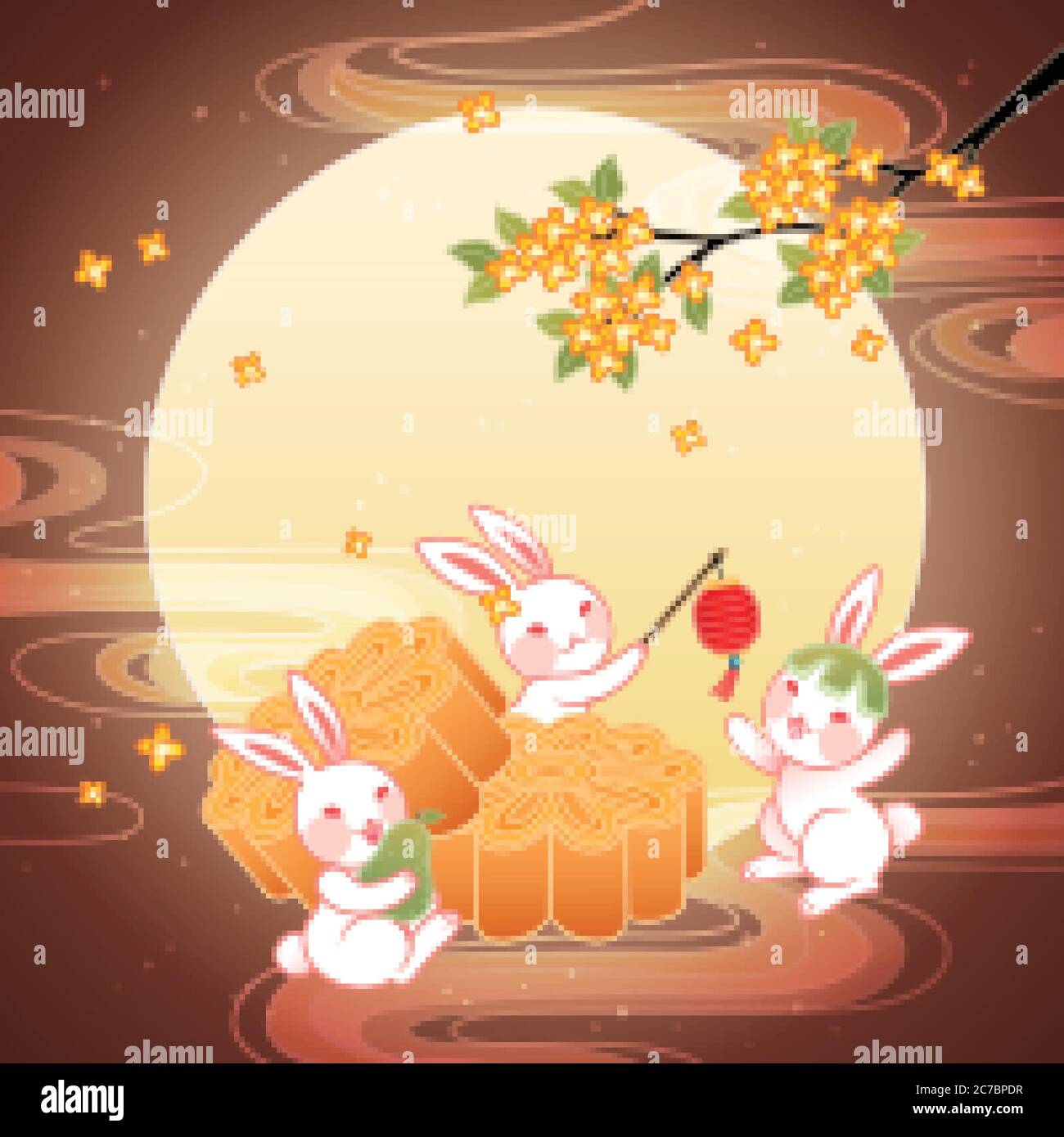 Jade rabbits enjoying delicious mooncakes and full moon on fall color ...