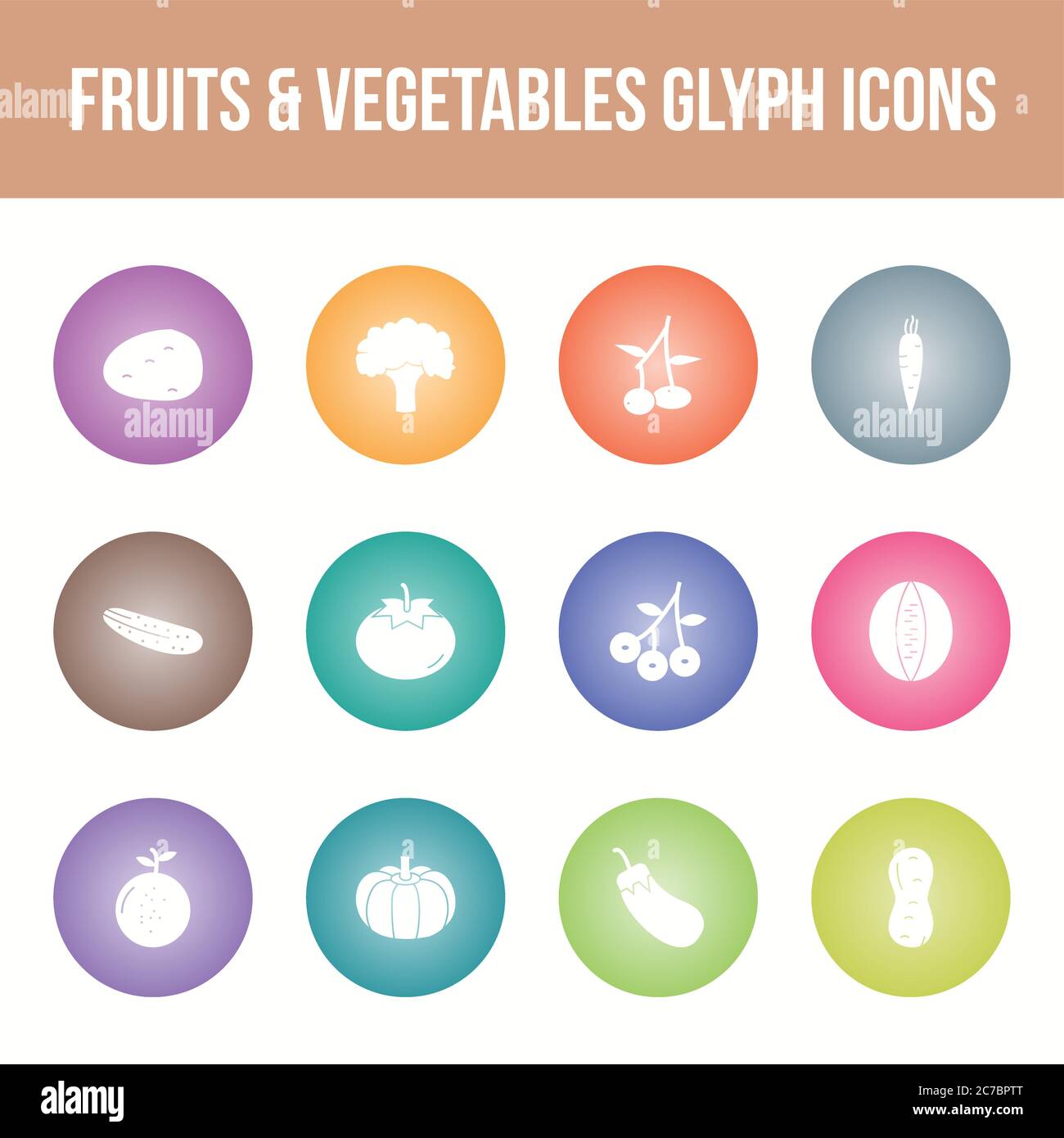 Unique fruits & vegetables vector glyph icon set Stock Vector