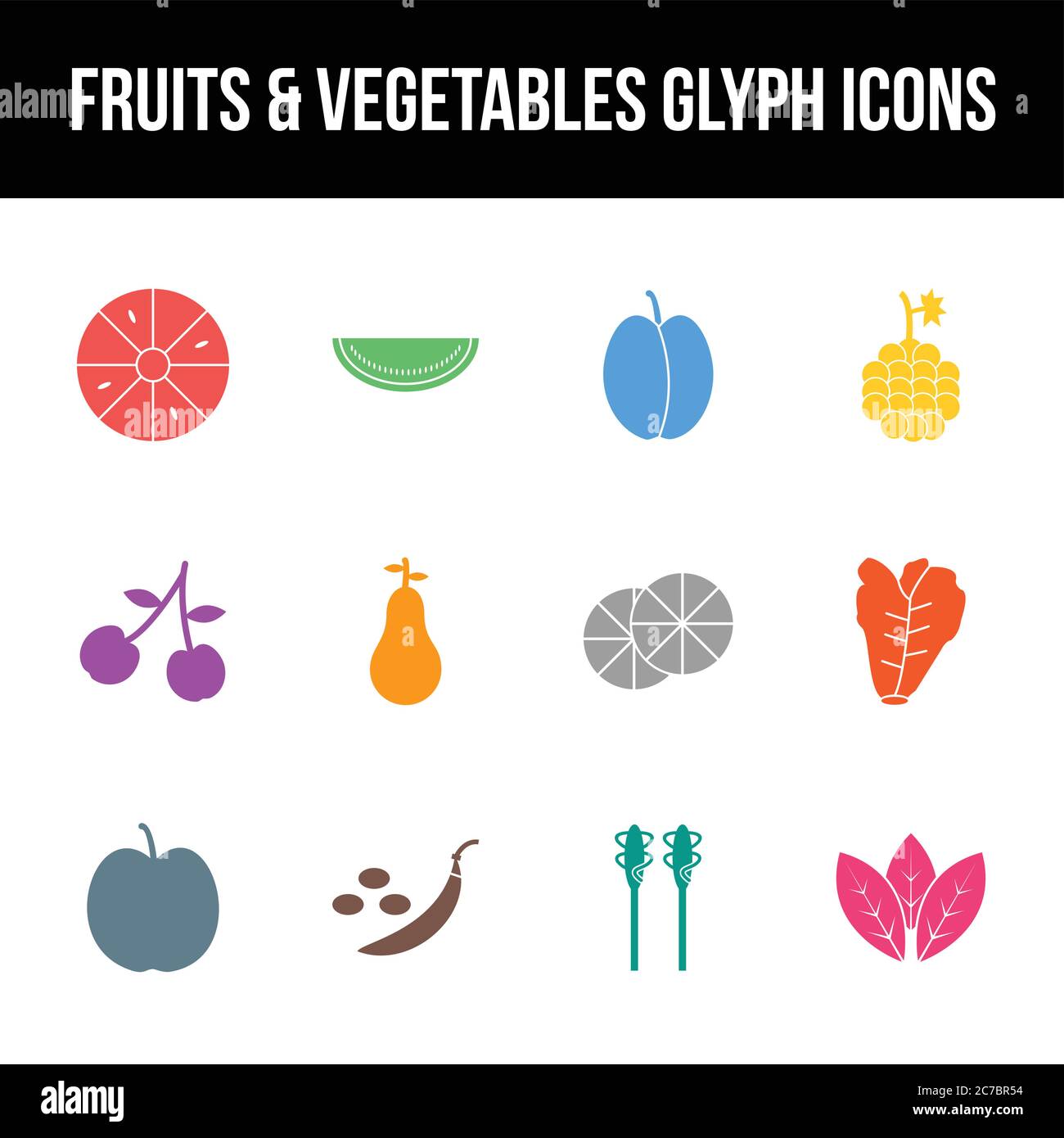 Unique fruits & vegetables vector glyph icon set Stock Vector