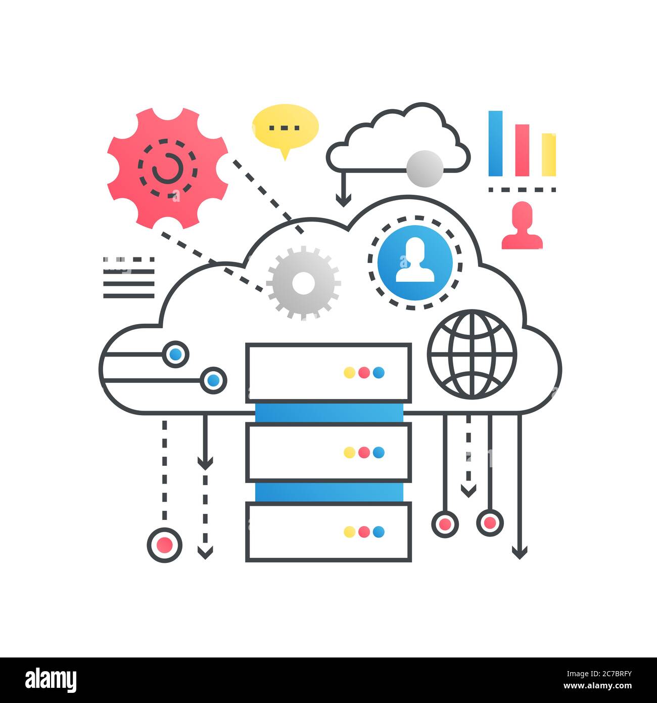 Cloud computing technology service, data storage concept in trendy line with gradient flat color style Stock Vector