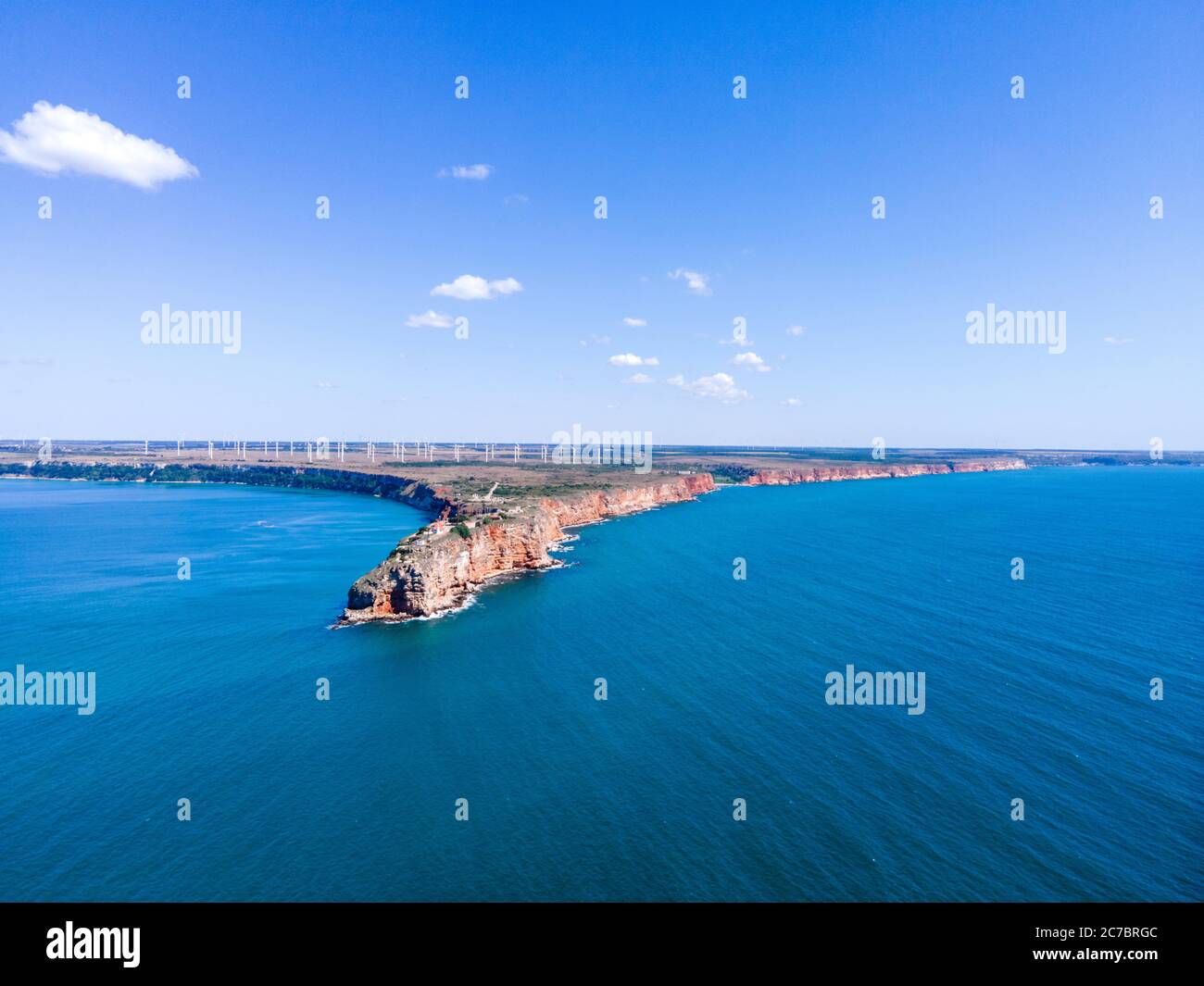 Aerial Wide Angel Panorama of Cape Kaliakra Cliff Stock Photo