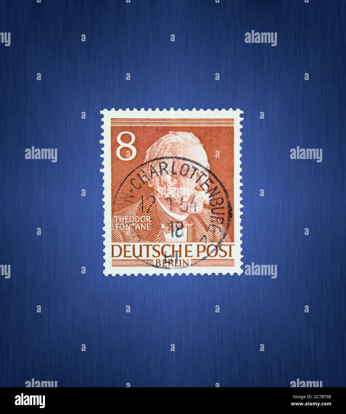 Postage stamp from the FRG Berlin. Printed on 07.03.1953. Theodor Fontane. Stock Photo