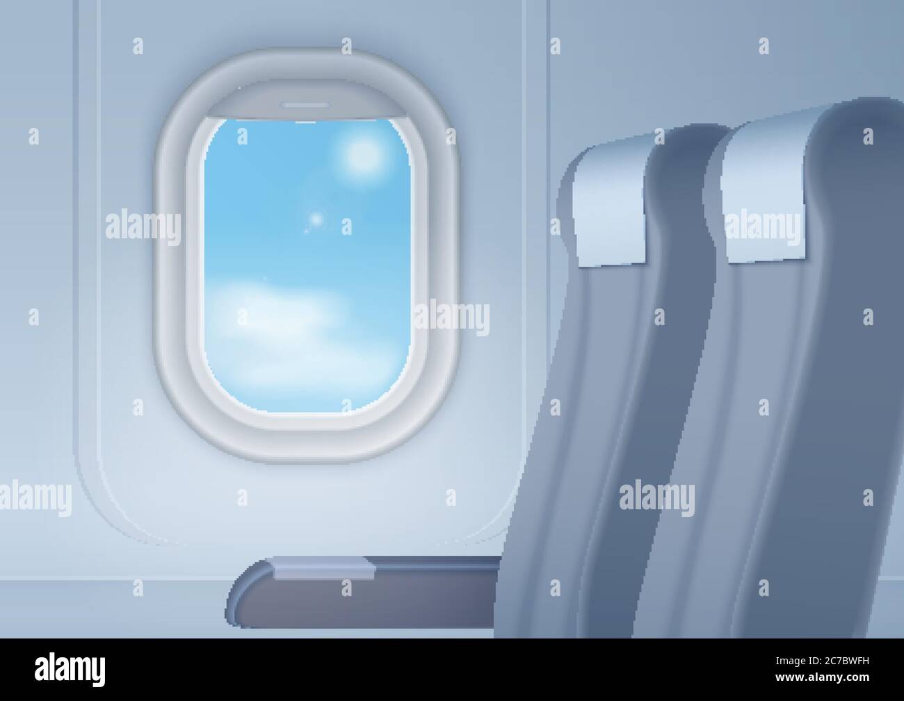 Aircraft interior with realistic smooth window and seats vector illustration Stock Vector