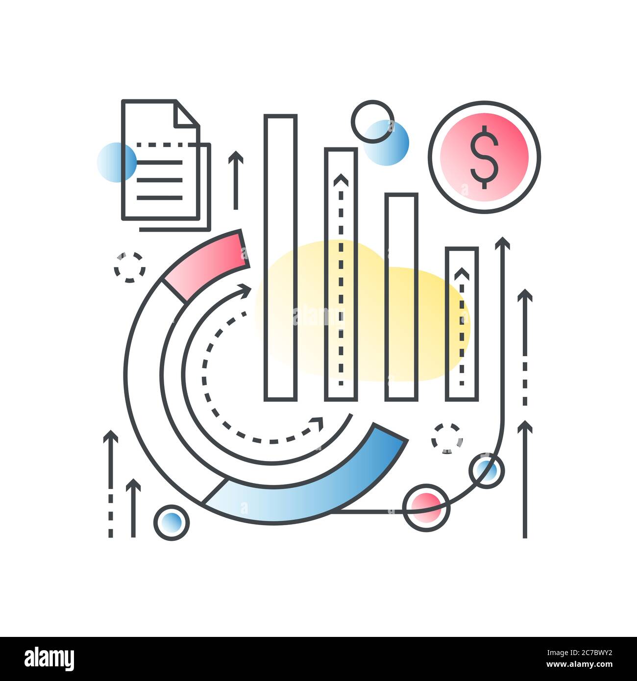 Business graph statistics, global seo analytics, data analysis, financial market research vector concept in trendy line with gradient flat color style Stock Vector