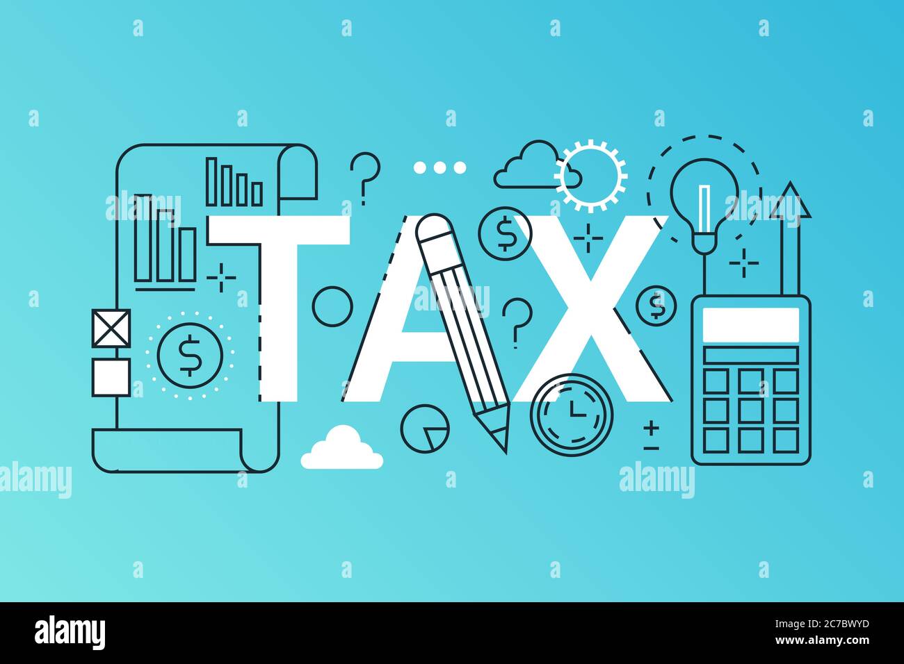 Tax word trendy composition banner. Outline stroke tax payments, financial law consulting, refund, business income report. infographic concept. Flat line icons vector header illustration Stock Vector