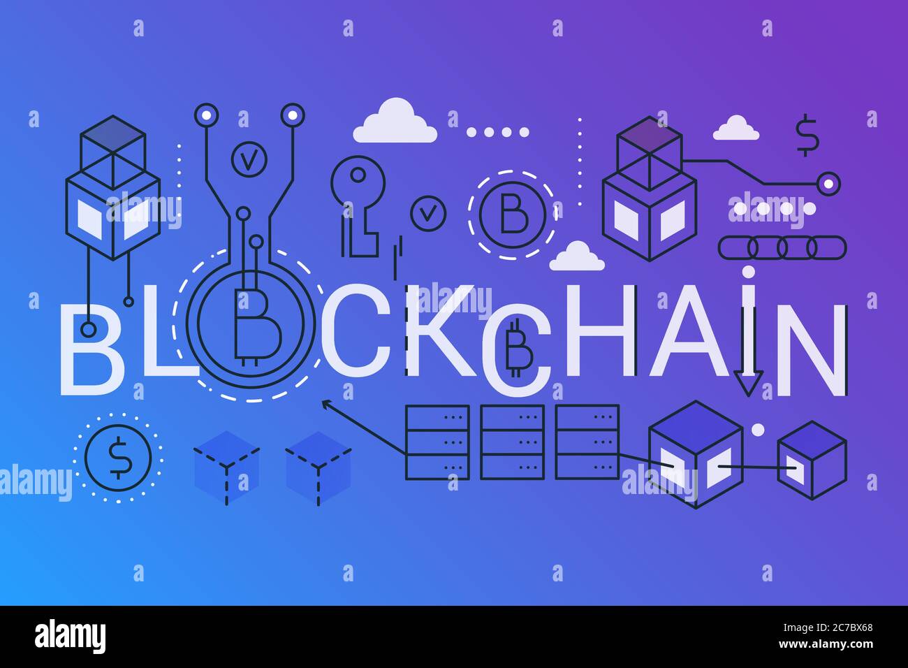 Blockchain 2019 word trendy composition concept banner. Outline stroke bitcoin, ethereum, block chain technology. Flat line icons lettering typography Stock Vector