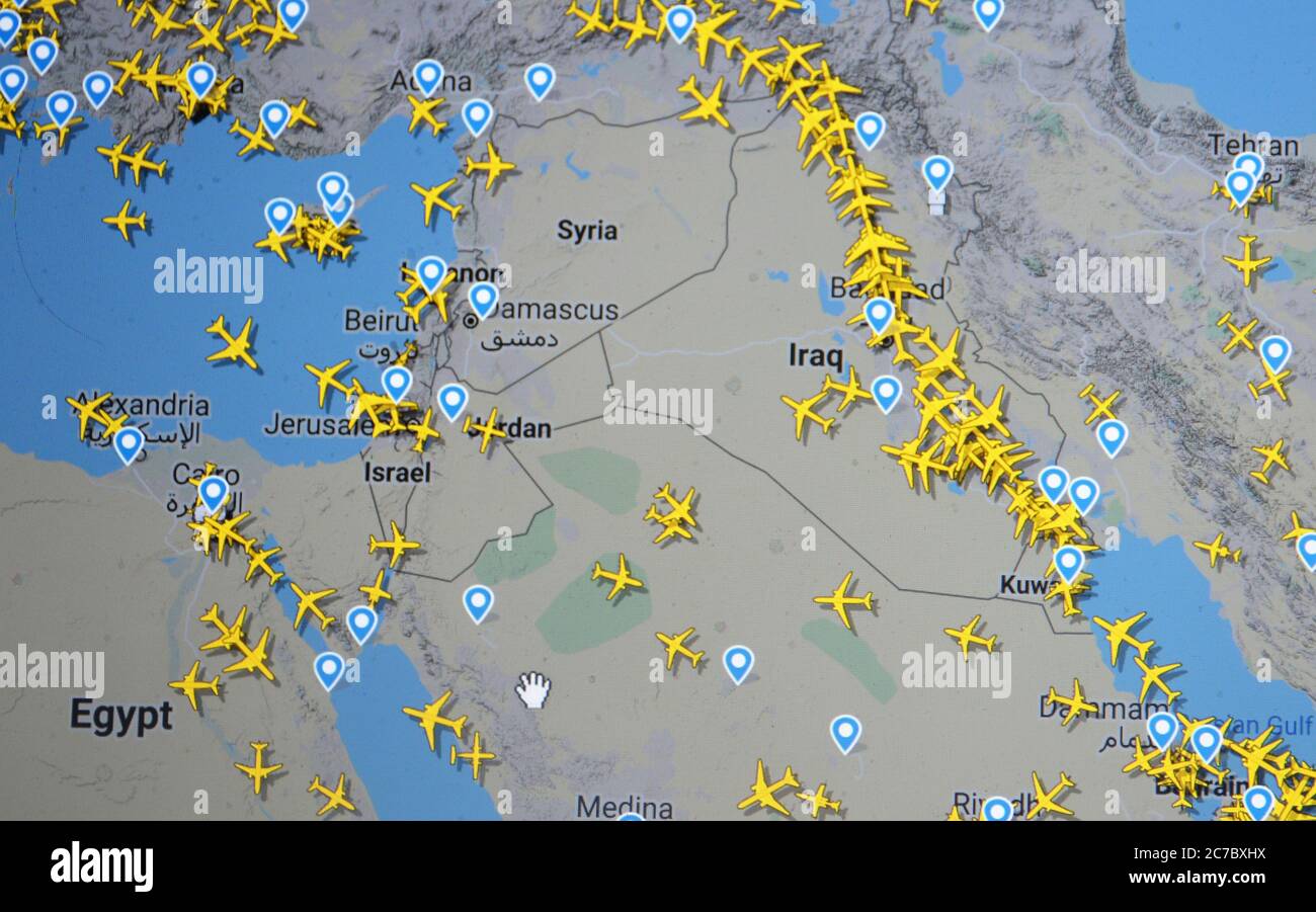 air traffic over Middle East, Lebanon, Israel, Syria (16 july 2020, UTC 09.14) Stock Photo
