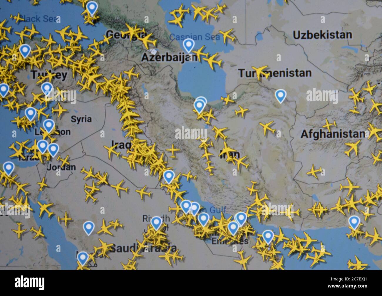 air traffic over Middle East (16 july 2020, 09.20) Stock Photo