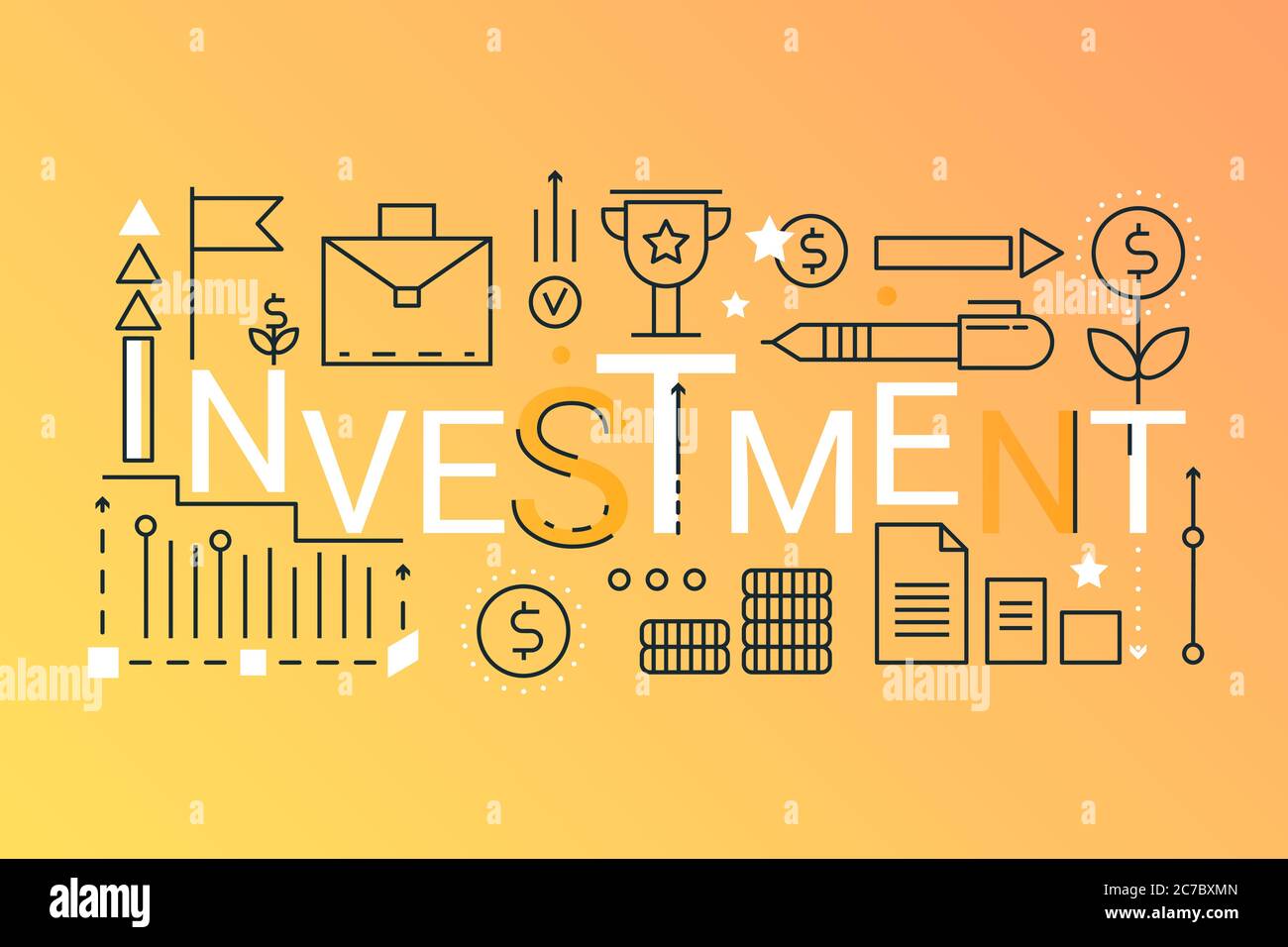 Investment word trendy composition concept banner. Outline stroke business, finance, strategic management, consulting, teamwork. Flat line icons lettering typography Stock Vector